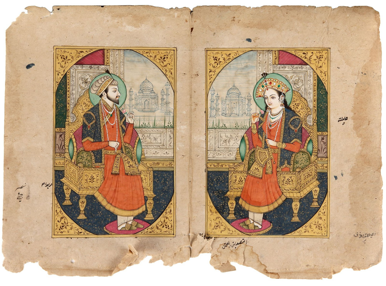 SHAH JAHAN AND MUMTAZ MAHAL, MUGHAL INDIA, 18TH CENTURY: A finely executed Mughal manuscript folio depicting Emperor Shah Jahan and his beloved consort Mumtaz Mahal seated in elegant courtly settings, with the Taj Mahal in the background. Opposite is a page