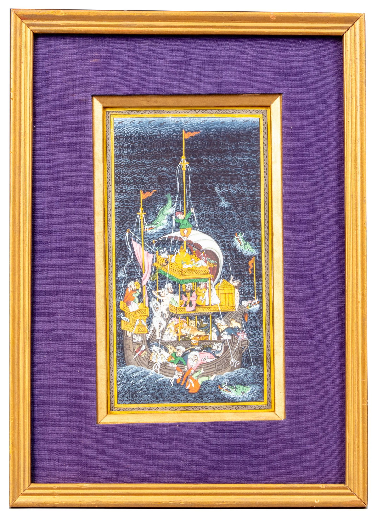 NOAH'S ARK, LATE 19TH-EARLY 20TH CENTURY: Indian miniature painting, Opaque colors and gold on paper depicting Noah's Ark (SafÄ«nat N?«á¸?), crowded with figures and pairs of animals sailing through turbulent waters populated by crocodil