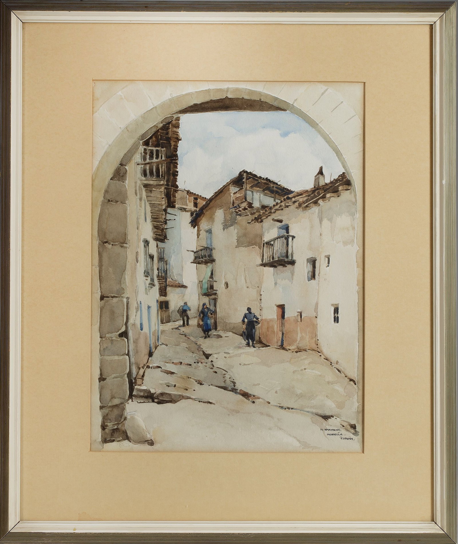 ISIDORE VAN MENS (NETHERLANDS 1890-1985), A STREET IN MORELLA, SPAIN, WATERCOLOUR ON PAPER: Signed lower right, 38 by 28 cm. Including frame 56 by 47 cm.