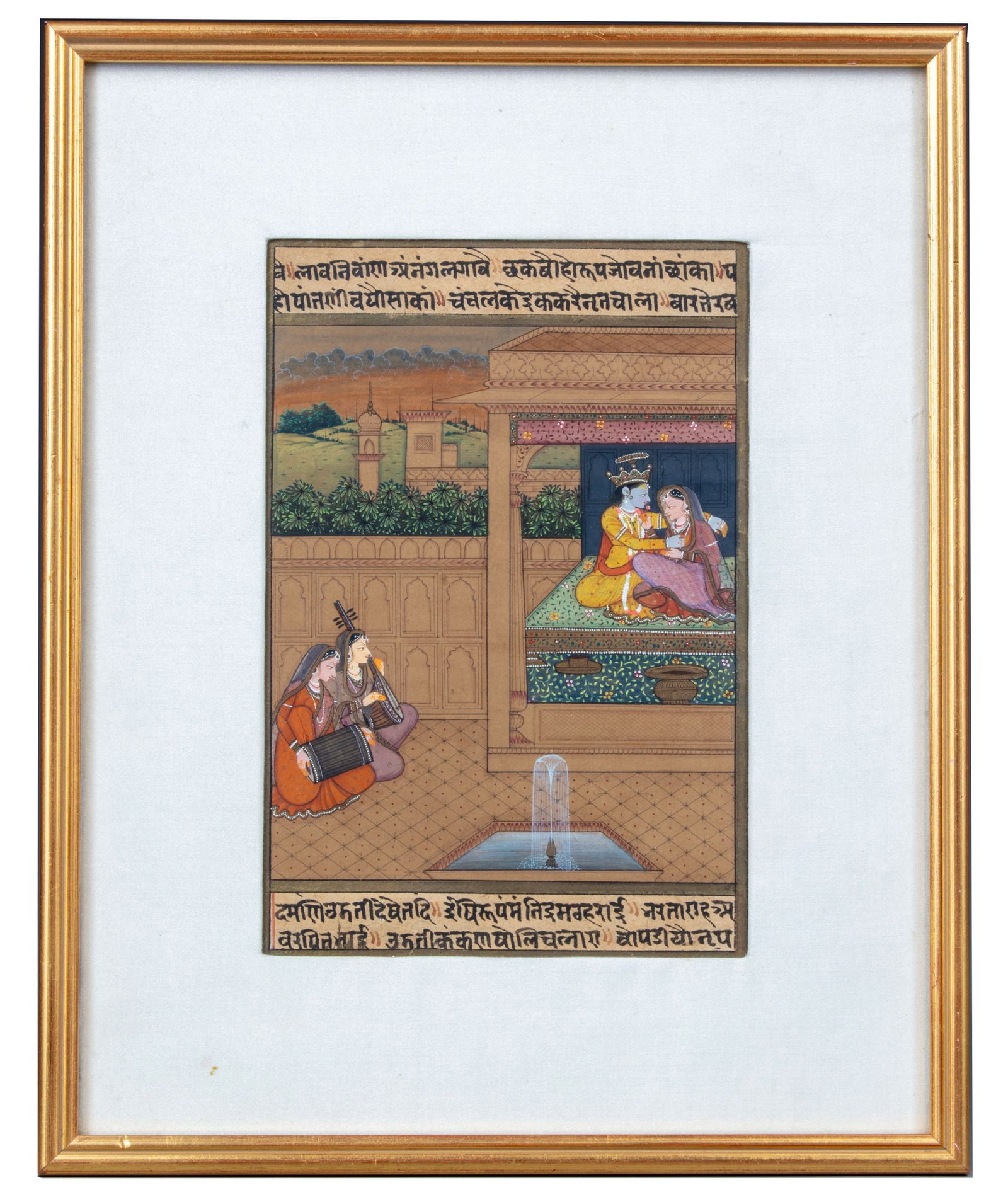 THREE INDIAN MINIATURE PAINTINGS OF KRISHNA AND COURTLY LADIES, LATE 19TH-EARLY 20TH CENTURY: Three Indian miniature paintings with opaque colors and gold on paper. One depicts Krishna seated with his consort in a palace pavilion attended by female musicians; another shows a lady making an off