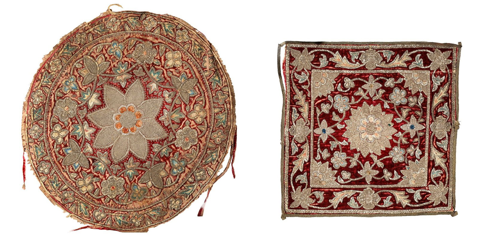 A PAIR OF OTTOMAN EMBROIDERED VELVET PANELS, 19TH CENTURY: A fine pair of Ottoman embroidered textile panels worked on deep crimson velvet with gilt and polychrome silk threads. One is circular and the other square, each decorated with elaborate floral compos