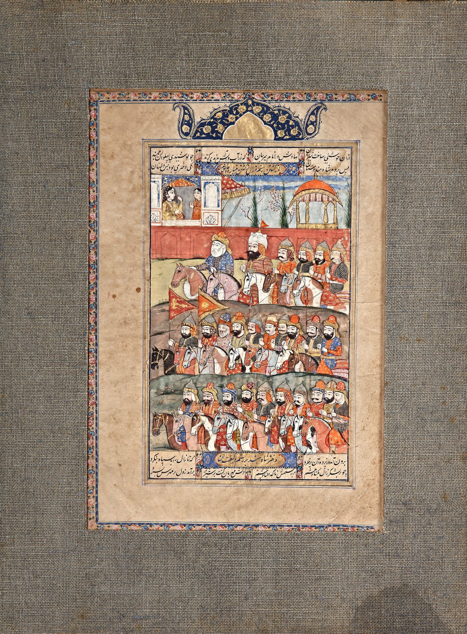 A DOUBLE PERSIAN MINIATURE, DEPICTING THE KING OF SIND AND ROSTAM, 18TH CENTURY: A magnificent pair of 18th-century Persian miniature paintings illustrating a royal and heroic narrative. The left panel depicts the King of Sind leading a grand procession of soldiers and nobles on h