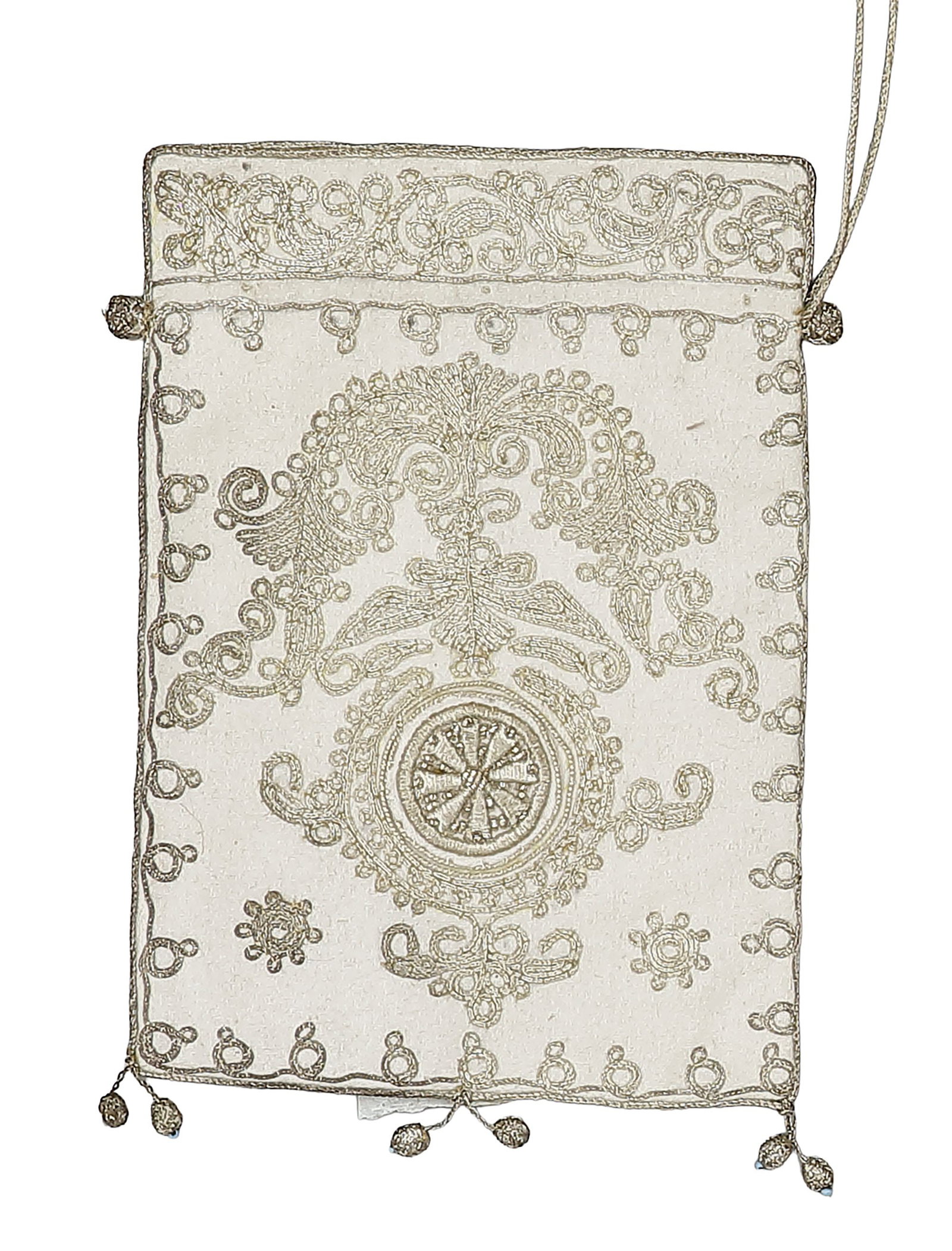 AN ANTIQUE OTTOMAN MONEY BAG (KESE) WITH FINE SILVER AND GOLD EMBROIDERY (1 of 2)