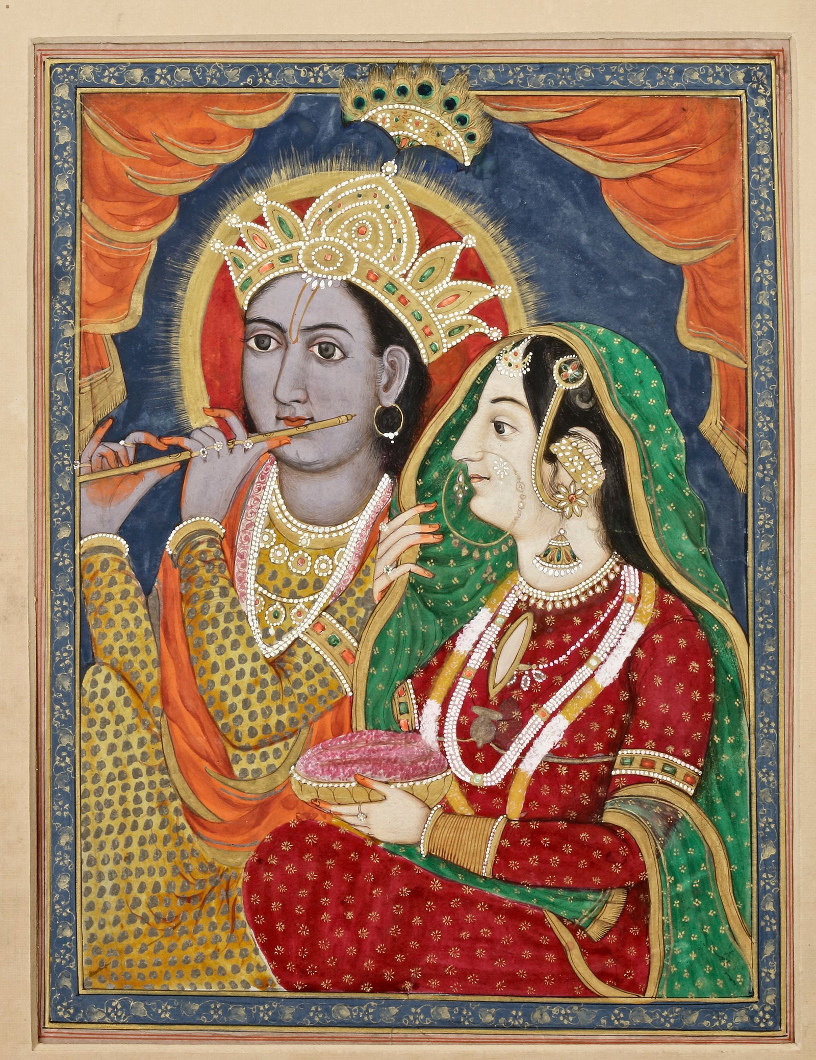RADHA AND KRISHNA, PUNJAB HILLS, KANGRA, 19TH CENTURY: Gouache heightened with gold on paper. 19.5 by 25.5 cm.