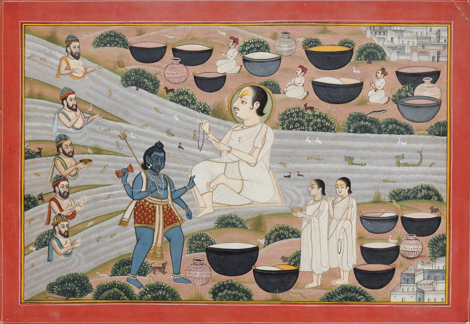 BHAIRAVA AT THE FEET OF GOSAINJI KOTA, RAJASTHAN, INDIA, CIRCA 18TH CENTURY: Opaque water color on paper. This rare and evocative painting depicts a moment of spiritual reverence where Bhairava, the fierce manifestation of Lord Shiva, is shown in a humble pose, holding the fee