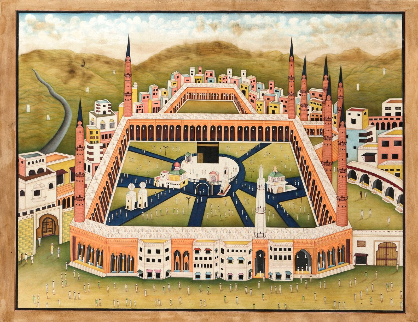 A LARGE INDIAN PAINTING WITH A VIEW OF MECCA, EARLY 20TH CENTURY: Gouache heightened with gold on paper, ruled in black border, depicting "the Holy Kaaba " in Mecca surrounded by houses. 41 by 58.5 cm.