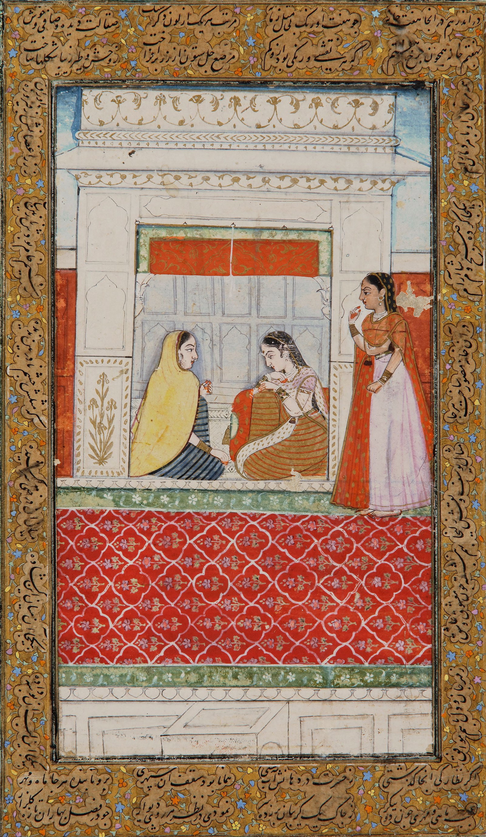A WOMEN IN A TEMPLE, INDIA, JAIPUR, 18TH CENTURY: Gouache pigments heightened with gold on paper, laid down on an album page with outer polychrome borders, depicting a Hindu woman seated with a Mughal lady and her servant in a temple. The later outer