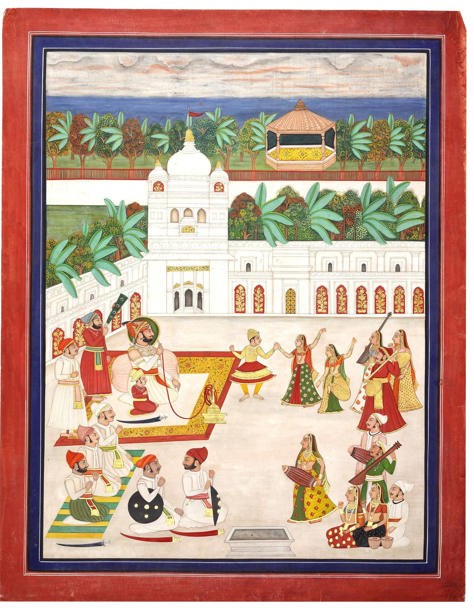 MAHARANA JAGAT SINGH II OF UDAIPUR WATCHING A DANCE MEWAR, 19TH CENTURY: Gouache heightened with gold on paper, the ruler sitting against a bolster and with a hookah pipe in his hand and attendants stand behind. He watches a dance performance accompanied by a band of music