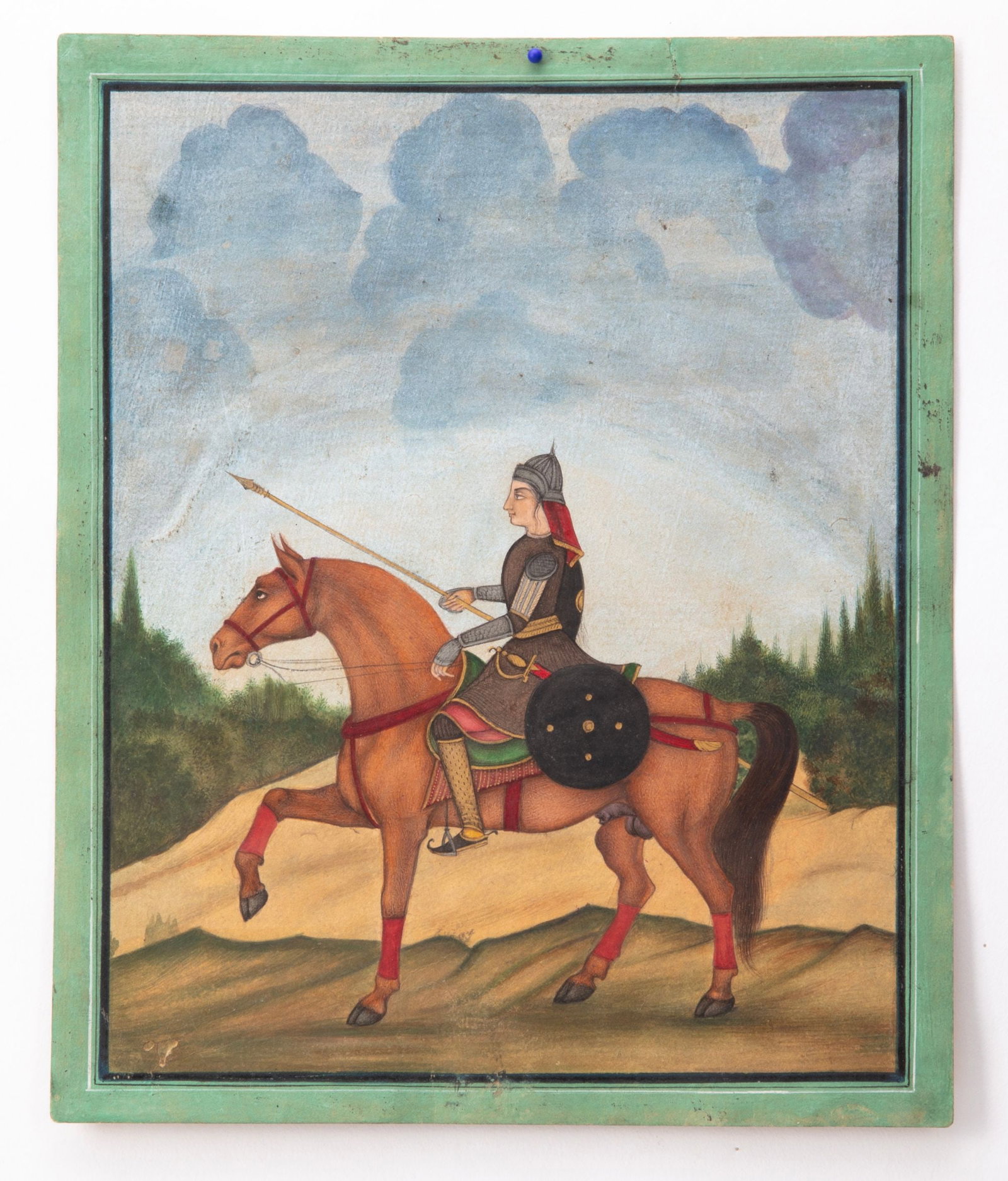 A SIKH SOLDIER SEATED ON A HORSE COMPANY SCHOOL, DELHI, 19TH CENTURY: A Sikh soldier seated on a horse holding a lance. Opaque pigments on paper. 22 by 18 cm.