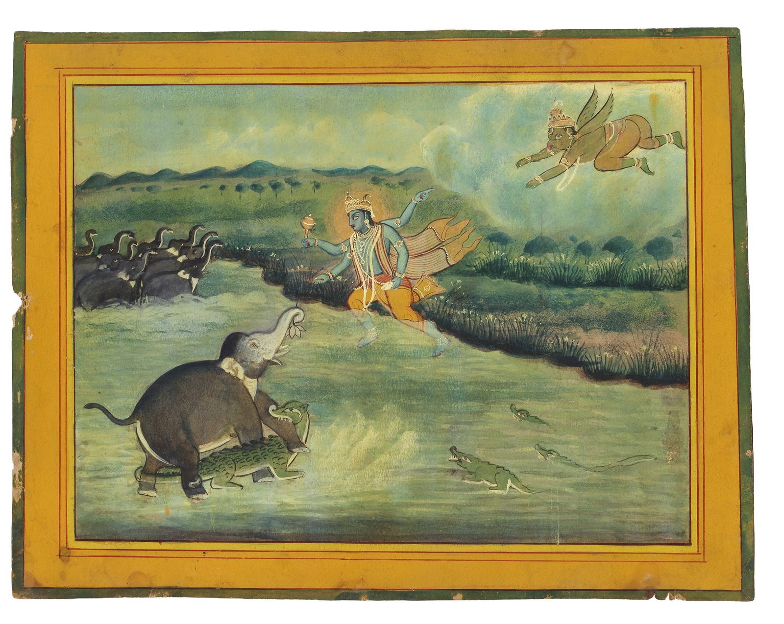 GAJENDRA MOKSHA, MINIATURE PAINTING, 19TH CENTURY: A finely executed miniature painting illustrating the story of Gajendra Moksha from the Bhagavata Purana. The scene portrays the elephant king Gajendra seized by a crocodile, calling upon Lord Vishnu 