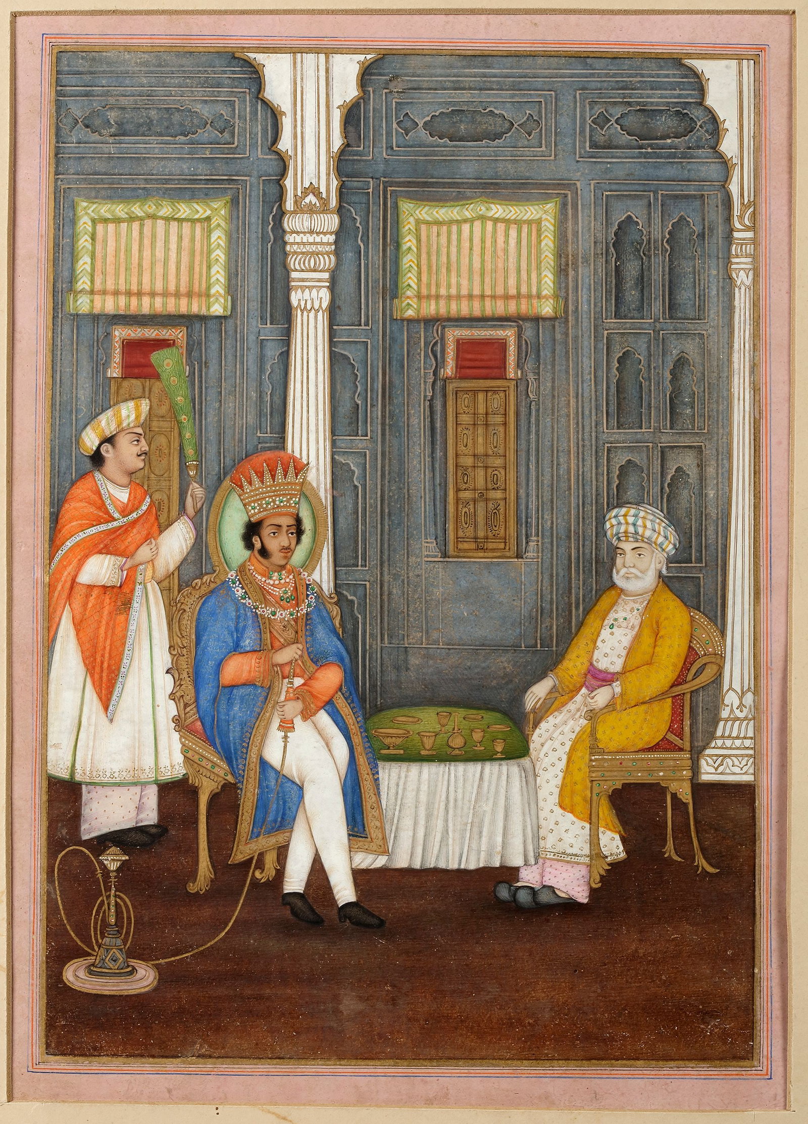 A PORTRAIT OF THE KING OF OUDH NASIR AL-DIN HAYDAR (R. 1827-37 AD): Portrait of the king of Oudh Nasir Al-Din Haydar (r. 1827-37 AD) seated with his prime minister Muntazim ud doula Nawab Mehdi Ali Khan. Also known as the stormy petrol of Oudh politics. 20 by 28 cm.