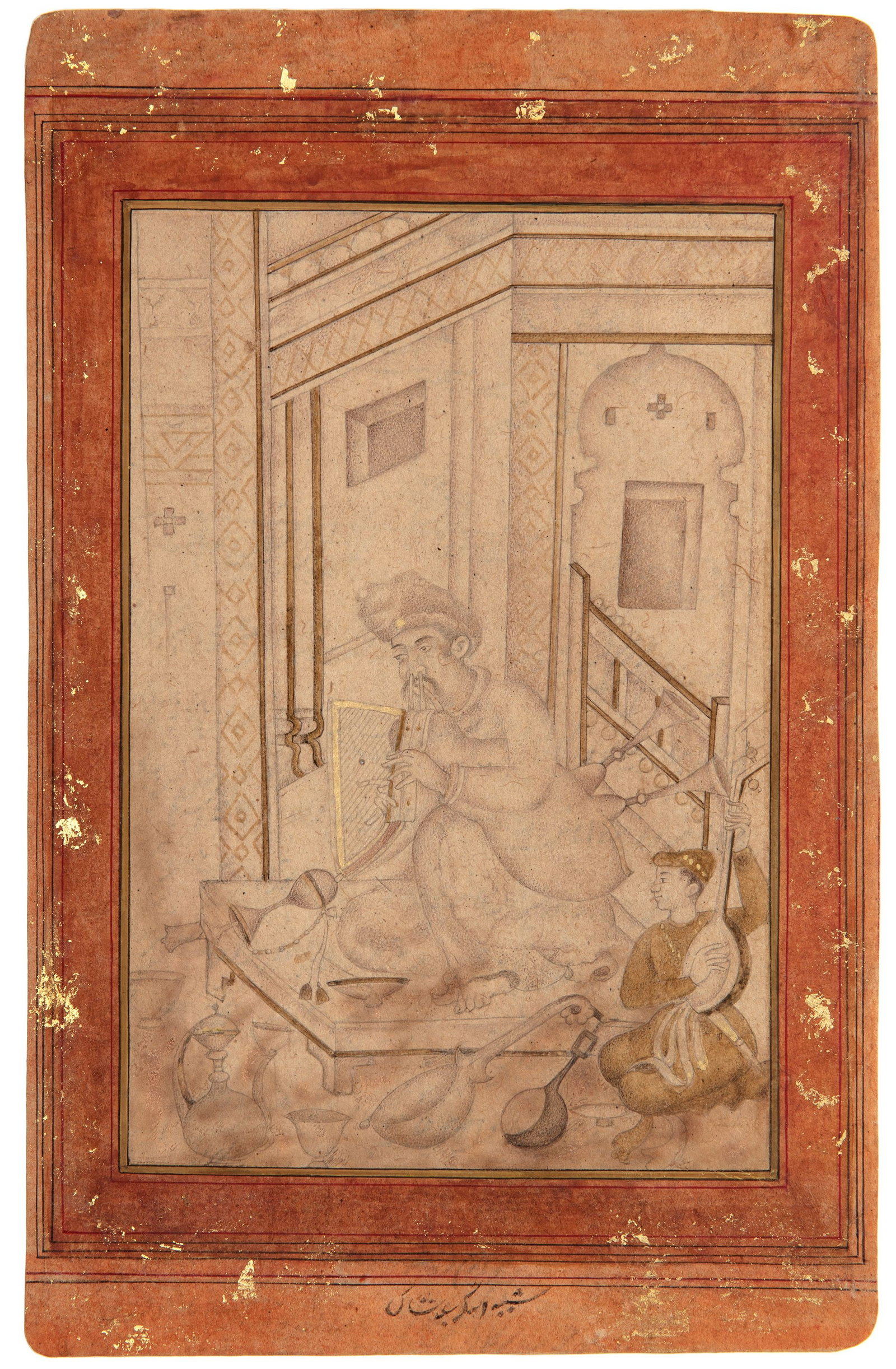 A PAINTING, MUSICIANS DOING RIAZ (PRACTICE), NORTH INDIA, 19TH CENTURY: Watercolor on paper. 25.5 by 16 cm.