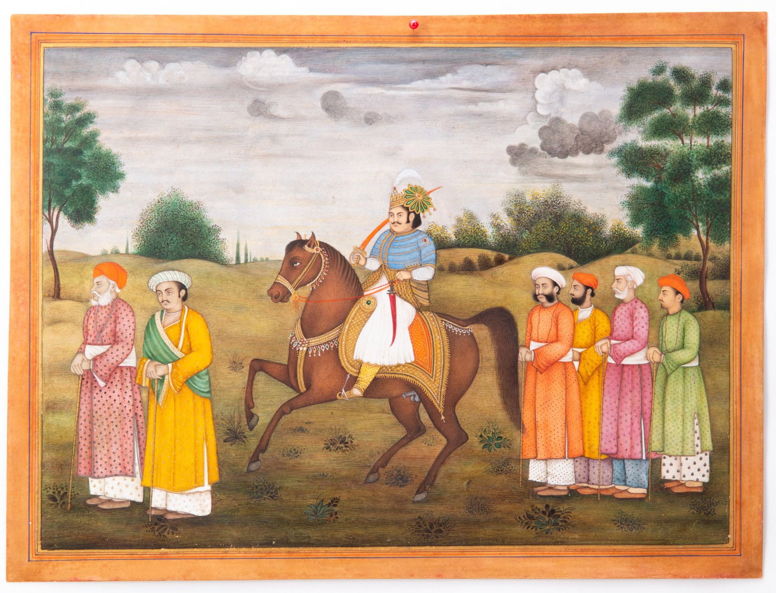 NAWAB WAJID ALI SHAH OF OUDH WITH HIS RETINUE COMPANY SCHOOL, LUCKNOW, 19TH CENTURY: Opaque watercolor and gold on paper. 30 by 23 cm.
