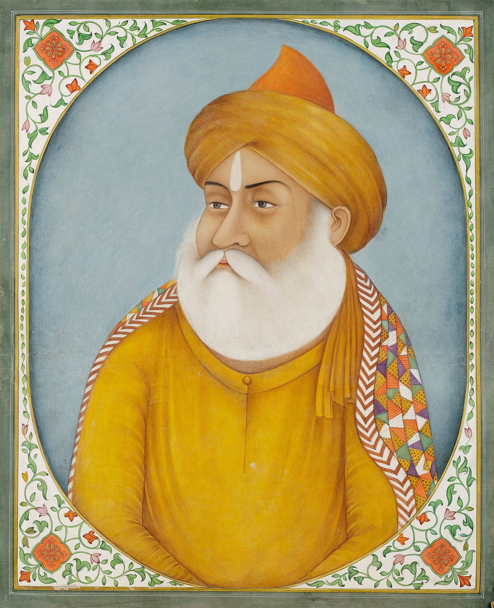 A PORTRAIT OF GURU RAM DAS, THE FOURTH SIKH GURU, LUCKNOW SCHOOL, NORTH INDIA, CIRCA 19TH CENTURY: Opaque water colour on paper. 39 by 32 cm.