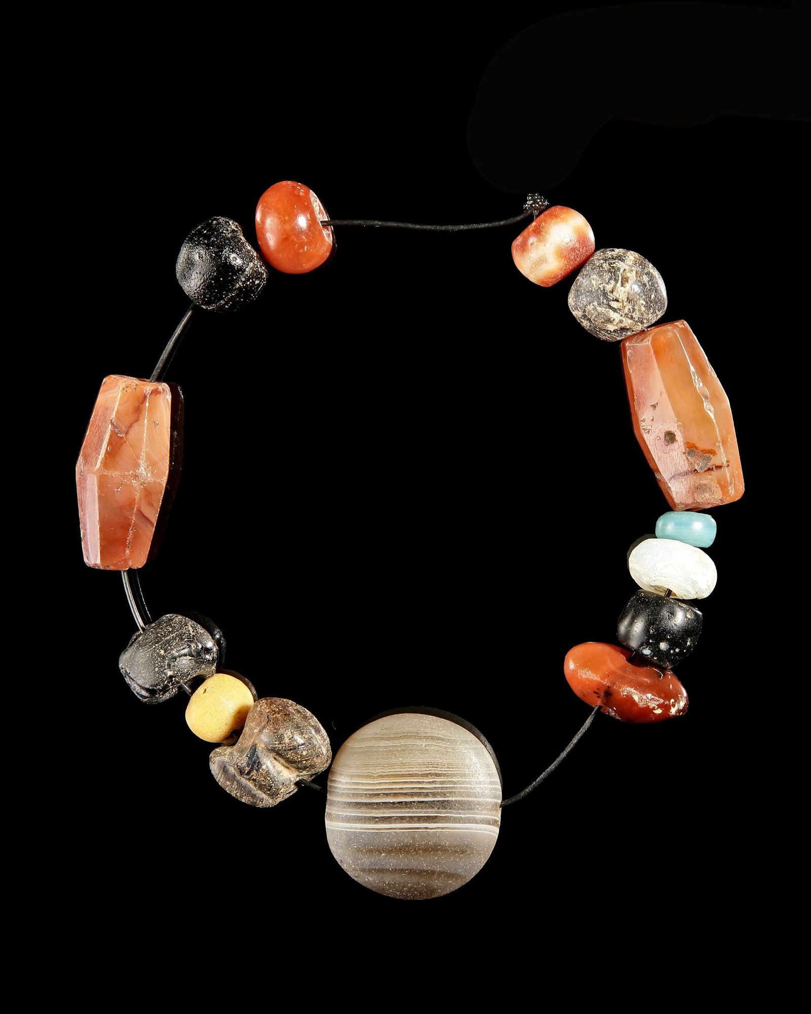 A CARNELIAN AND BANDED AGATE BEAD BRACELET WITH ENGRAVED SEAL (1 of 1)