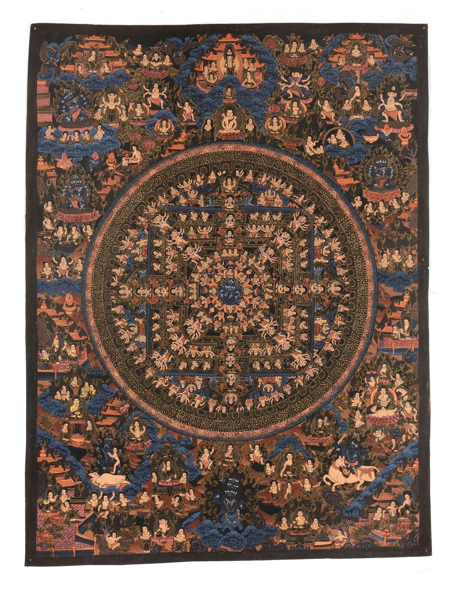 A TANTRIC MANDALA OF BUDDHIST DEITIES, TIBET, 20TH CENTURY: A finely detailed Tibetan thangka depicting a sacred tantric mandala populated by numerous Buddhas, bodhisattvas, celestial beings, and protective deities. Arranged in concentric geometric forms aroun