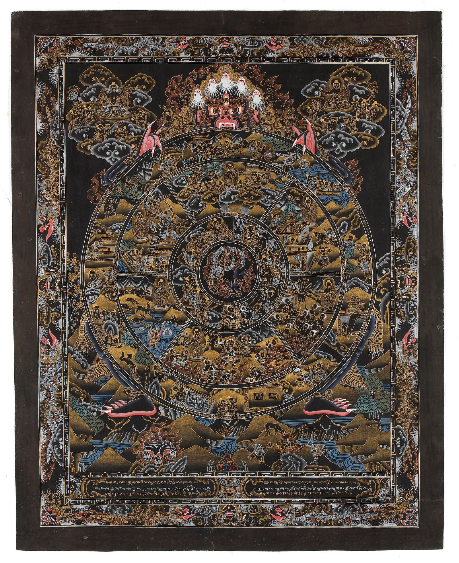 A THANGKA DEPICTING THE WHEEL OF LIFE (BHAVACAKRA), TIBET, LATE 19TH CENTURY: A striking Tibetan thangka depicting the Bhavacakra, or Wheel of Life, rendered in a dramatic black-ground palette enriched with gold and polychrome highlights. The intricate composition illustrates t