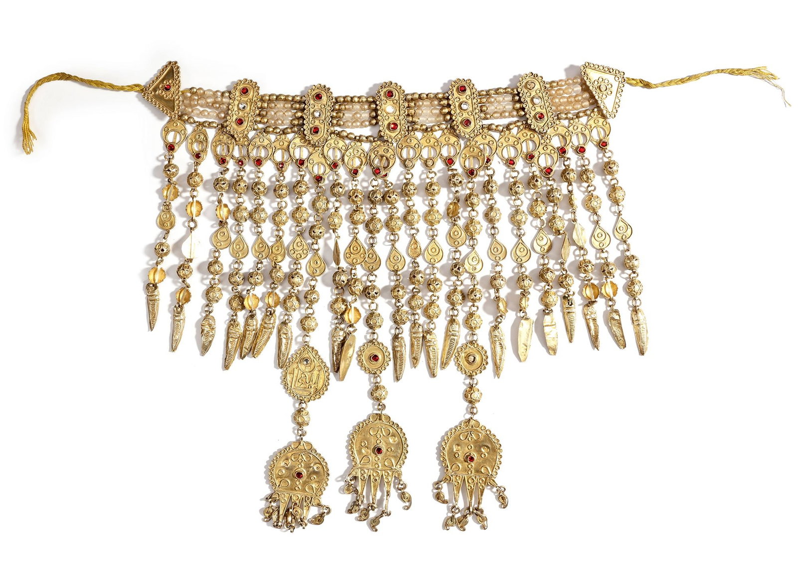 A SILVER NECKLACE, EGYPT, EARLY 20TH CENTURY: Richly decorated with filigree elements, dangling pendants, and intricate beadwork. 35 by 33 cm. 533 gr. THE DR. SAAD AL-JADIR COLLECTION