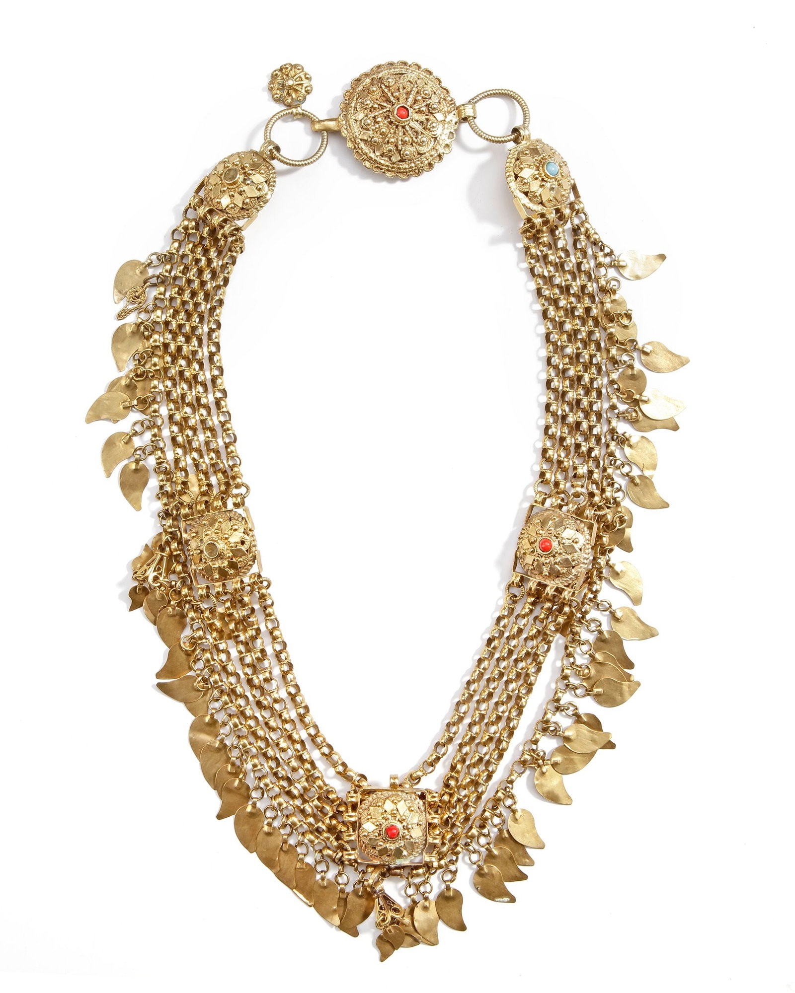A SILVER NECKLACE, EGYPT, EARLY 20TH CENTURY: With filigree medallions set with colored stones in red, turquoise, and dark glass. Multiple chains and dangling leaf-shaped pendants create movement and shine. 60 cm. 195 gr. THE DR. SAAD AL-JADIR CO