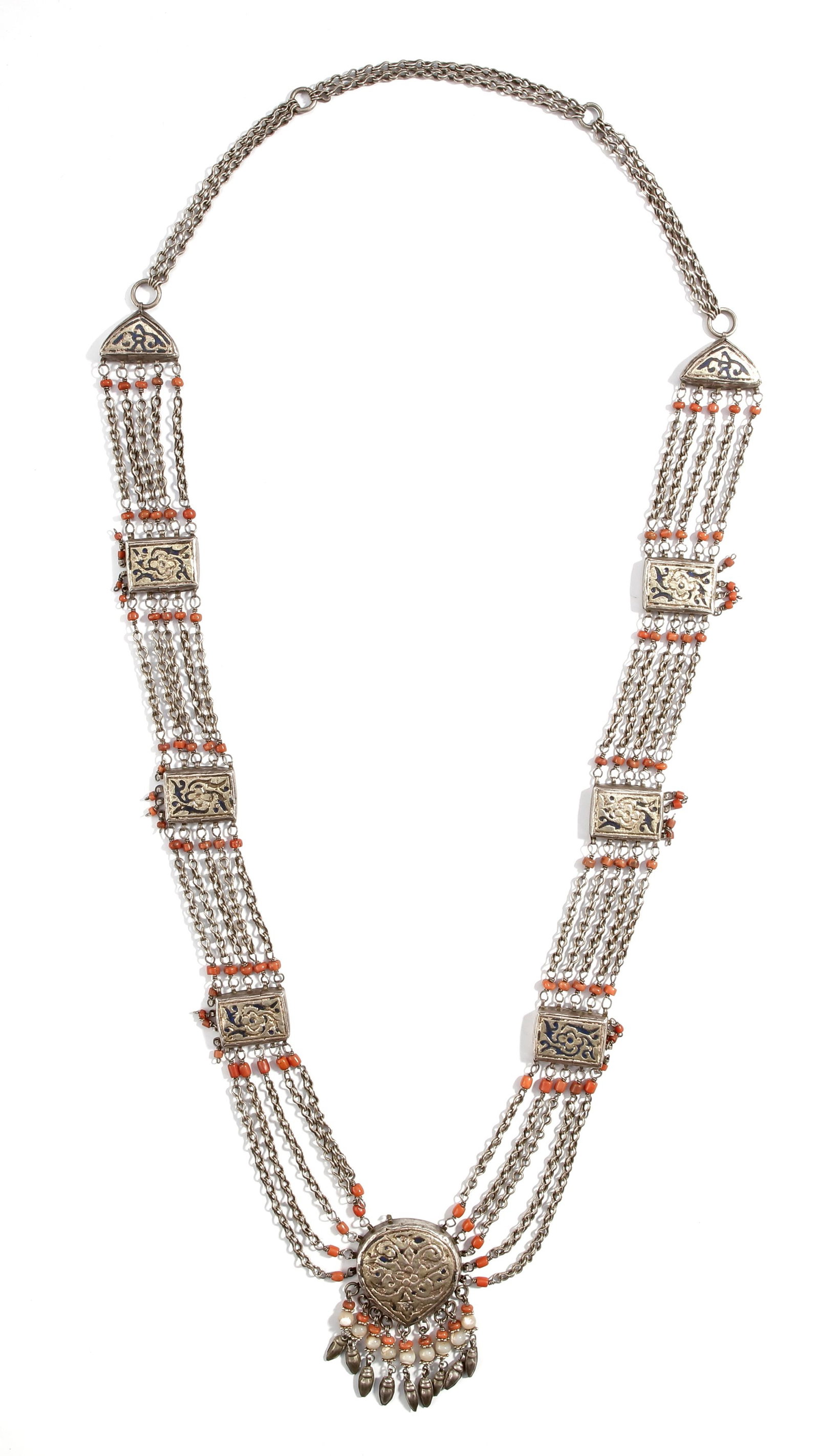 A CAUCASIAN NIELLO SILVER NECKLACE, 19TH CENTURY: With niello panels, coral bead accents, and pendant drops. ca. 57 cm. 184 gr. THE DR. SAAD AL-JADIR COLLECTION