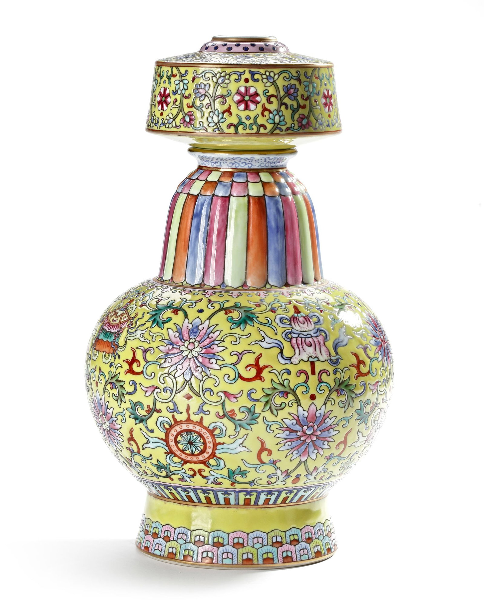 A CHINESE YELLOW-GROUND FAMILLE ROSE TIBETAN-STYLE VASE, 19TH-20TH CENTURY: The body is of slightly compressed spherical shape, surmounted by a fluted domed neck and drum-shaped top, brightly enamelled with the Eight Buddhist Emblems, bajixiang, alternating with stylised lotu