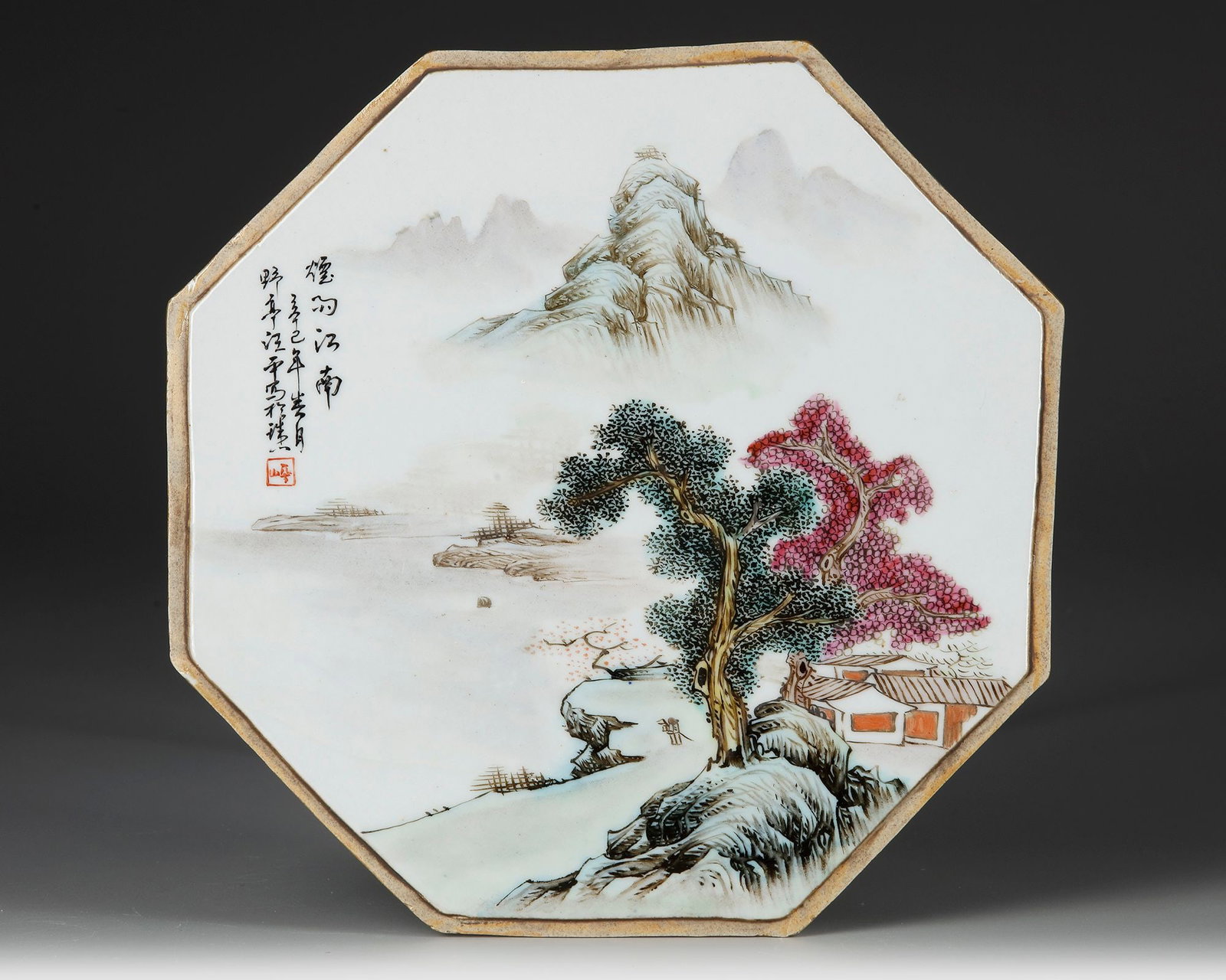 A CHINESE ENAMELED LANDSCAPE OCTAGONAL PLAQUE, 20TH CENTURY (1 of 2)