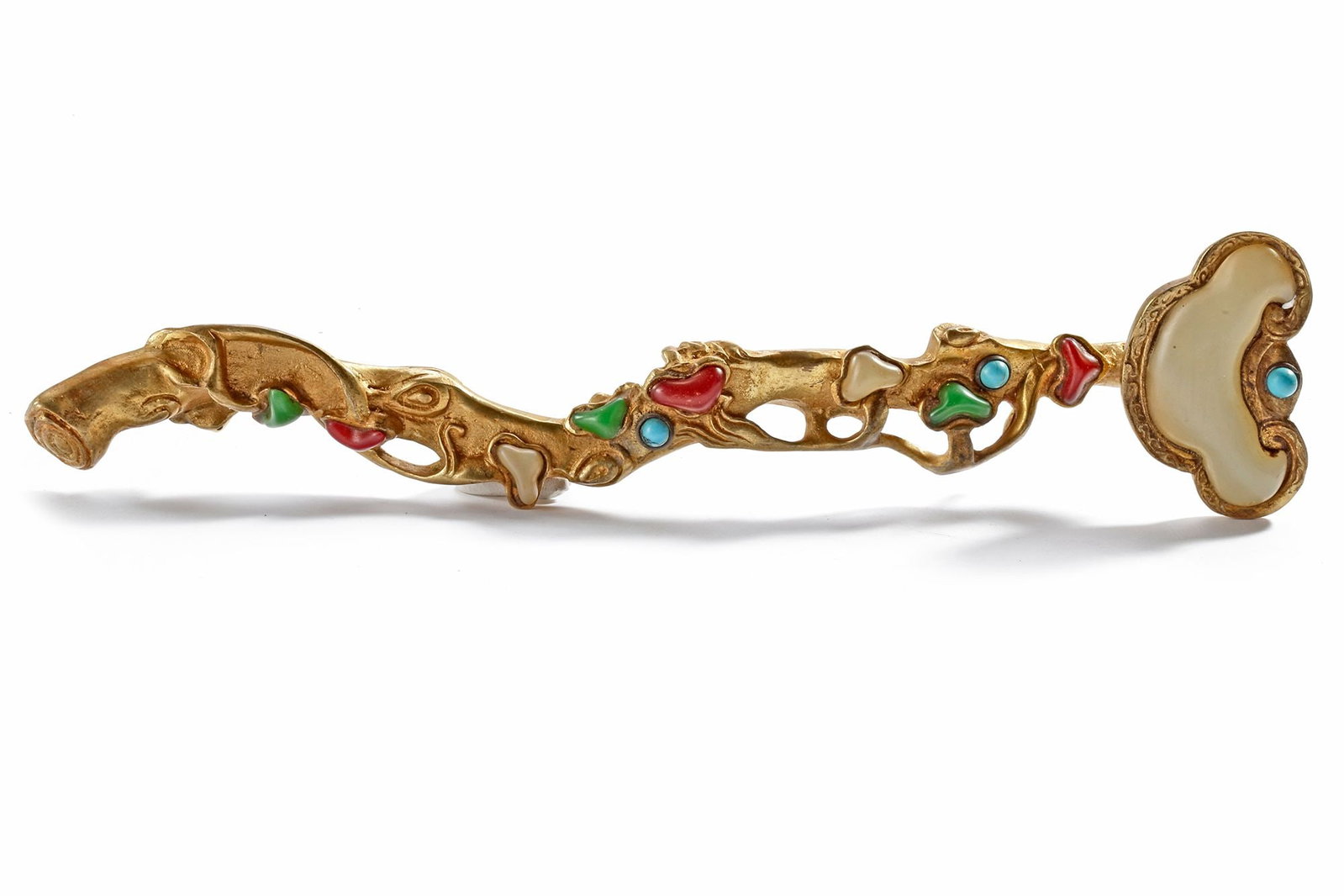 A CHINESE GILT BRONZE SCEPTRE WITH JADE INLAY, 20TH CENTURY (1 of 4)