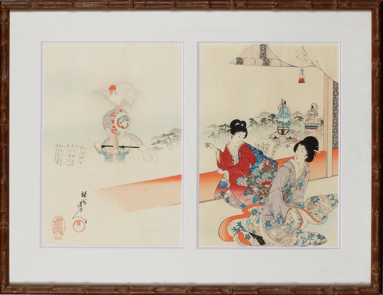 JAPANESE WOODBLOCK PRINTS: A pair of ukiyo-e woodblock prints. Features two elegantly dressed women in vibrant kimonos looking at a parade. 50 by 34 cm. 64 by 50 cm.