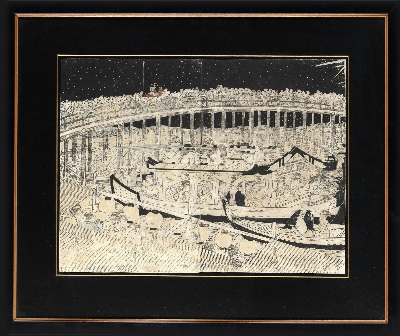 A JAPANESE WOODBLOCK PRINT, 'RIVER FESTIVAL AT NIGHT', 19TH CENTURY: This ukiyo-e woodblock print captures the lively atmosphere of a river festival, illuminated under a starry night sky. The scene is bustling with activity, featuring several boats filled with revelers