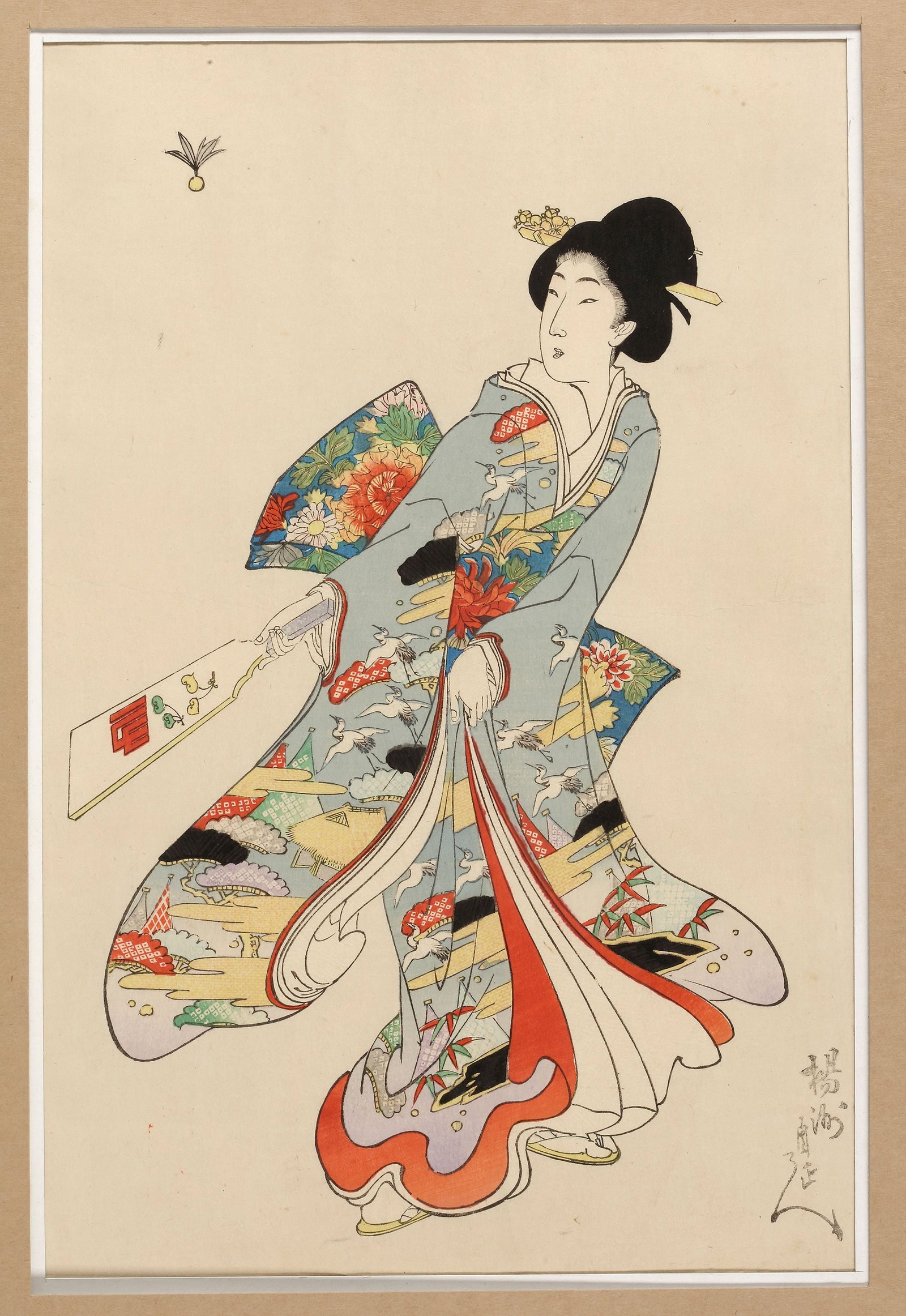 A JAPANESE WOODBLOCK PRINT OF AN ELEGANT WOMAN IN KIMONO: This Japanese woodblock print (ukiyo-e) portrays a gracefully posed woman wearing a beautifully decorated kimono adorned with intricate floral and landscape patterns.