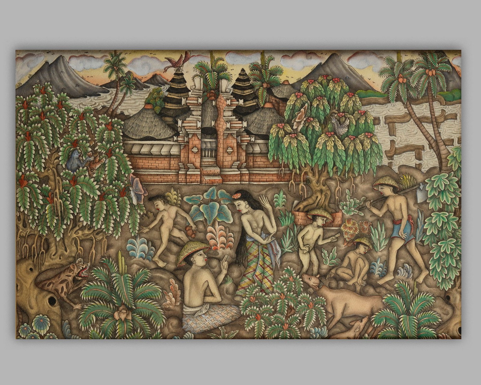 AN UBUD PAINTING DEPICTING FARMLANDS AND A TEMPLE, INDONESIA (1 of 2)