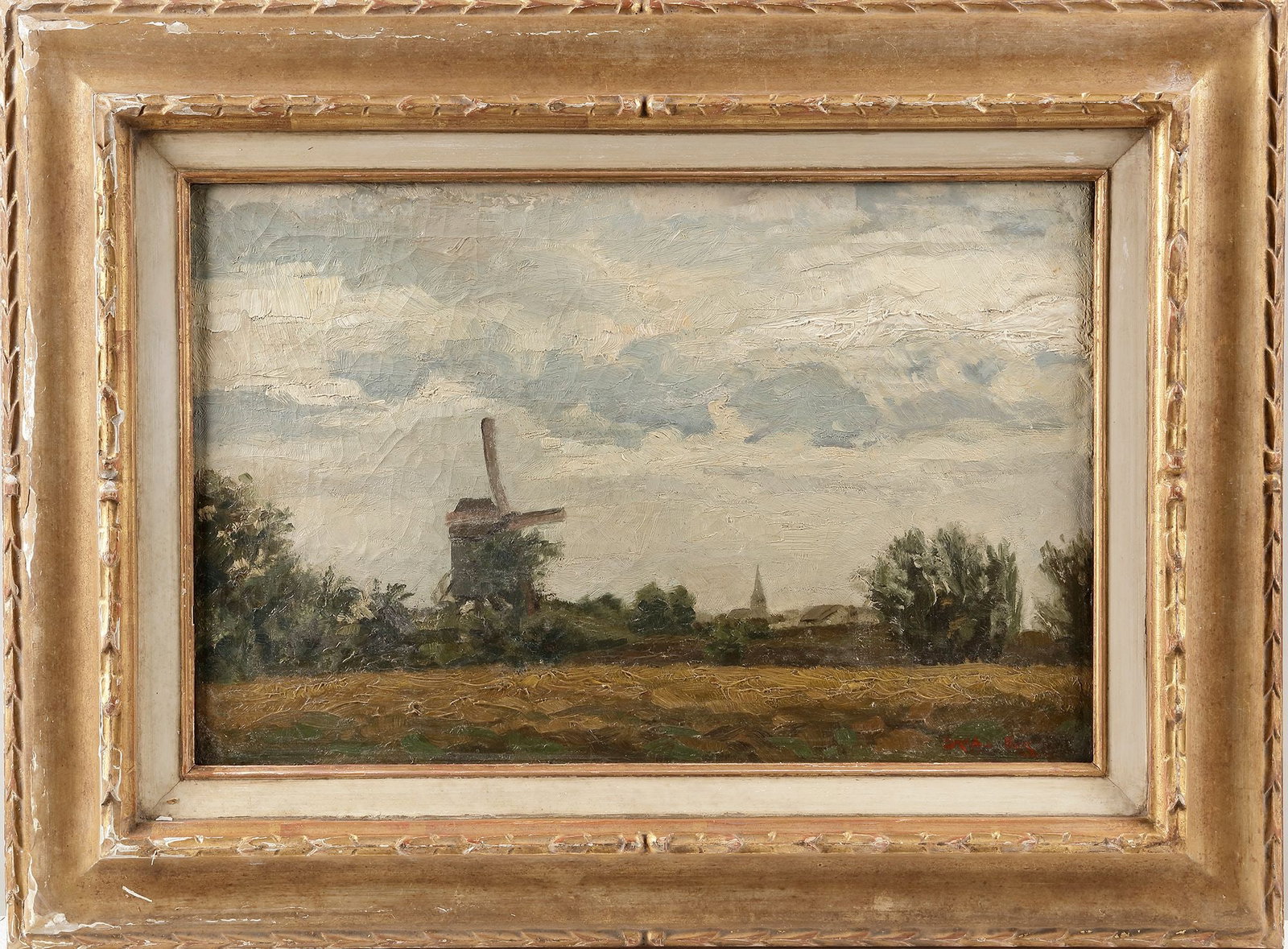 BERNARD ANTHONIE VAN BEEK (1875-1941), A WINDMILL NEAR EEMNES, OIL ON CANVAS: Signed lower right, 46 by 30 cm. With frame: 64 by 48 cm.