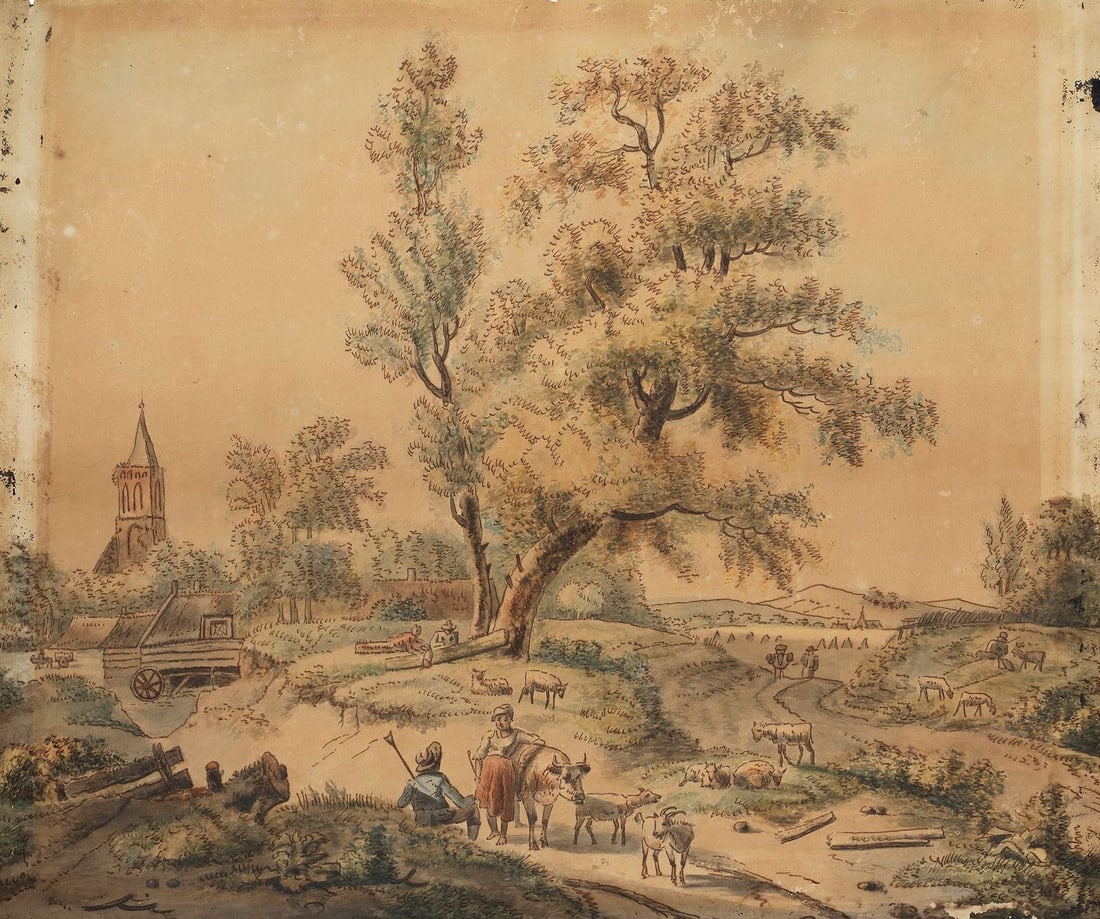 A PASTORAL LANDSCAPE WITH VILLAGERS AND ANIMALS,19TH CENTURY: A charming antique watercolor depicting a serene rural scene with villagers tending to livestock amidst lush greenery. A quaint wooden mill and a distant church tower complete the idyllic composition.