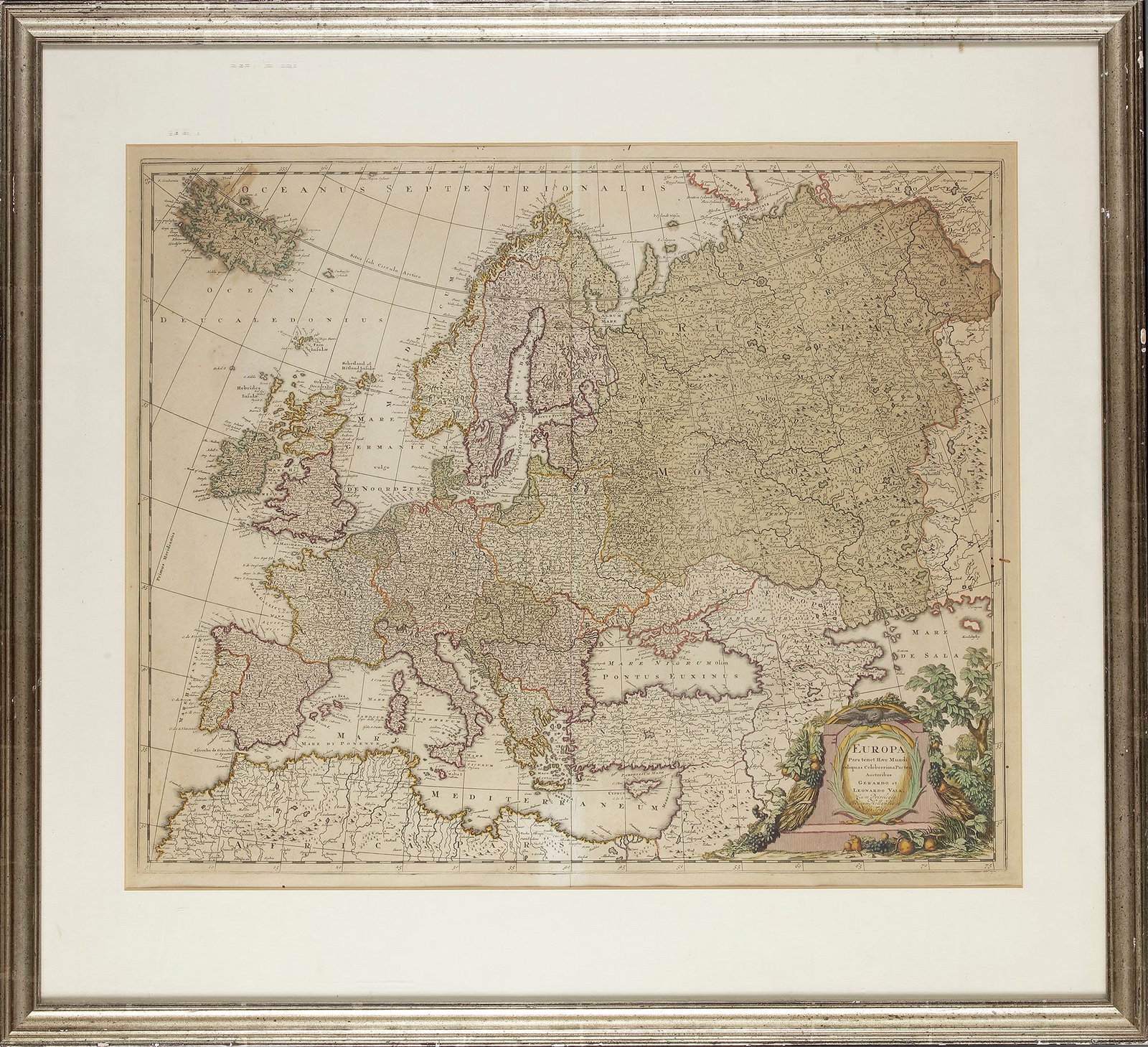 A MAP OF EUROPA, 18TH CENTURY: A beautifully detailed 18th-century engraved map of Europe, richly hand-colored and featuring borders, cities, and geographic features with fine precision. The decorative cartouche, adorned with fruit