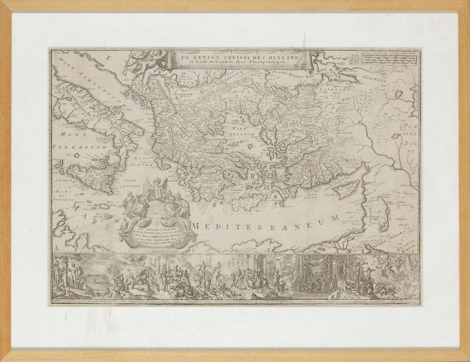 DE REYSEN CHRISTI DES HEYLANDâ€?, EARLY BIBLICAL TRAVEL MAP: A finely engraved historic map depicting the journeys of Christ and the Apostles, richly illustrated with detailed biblical scenes along the lower border. This early cartographic work covers the Medit