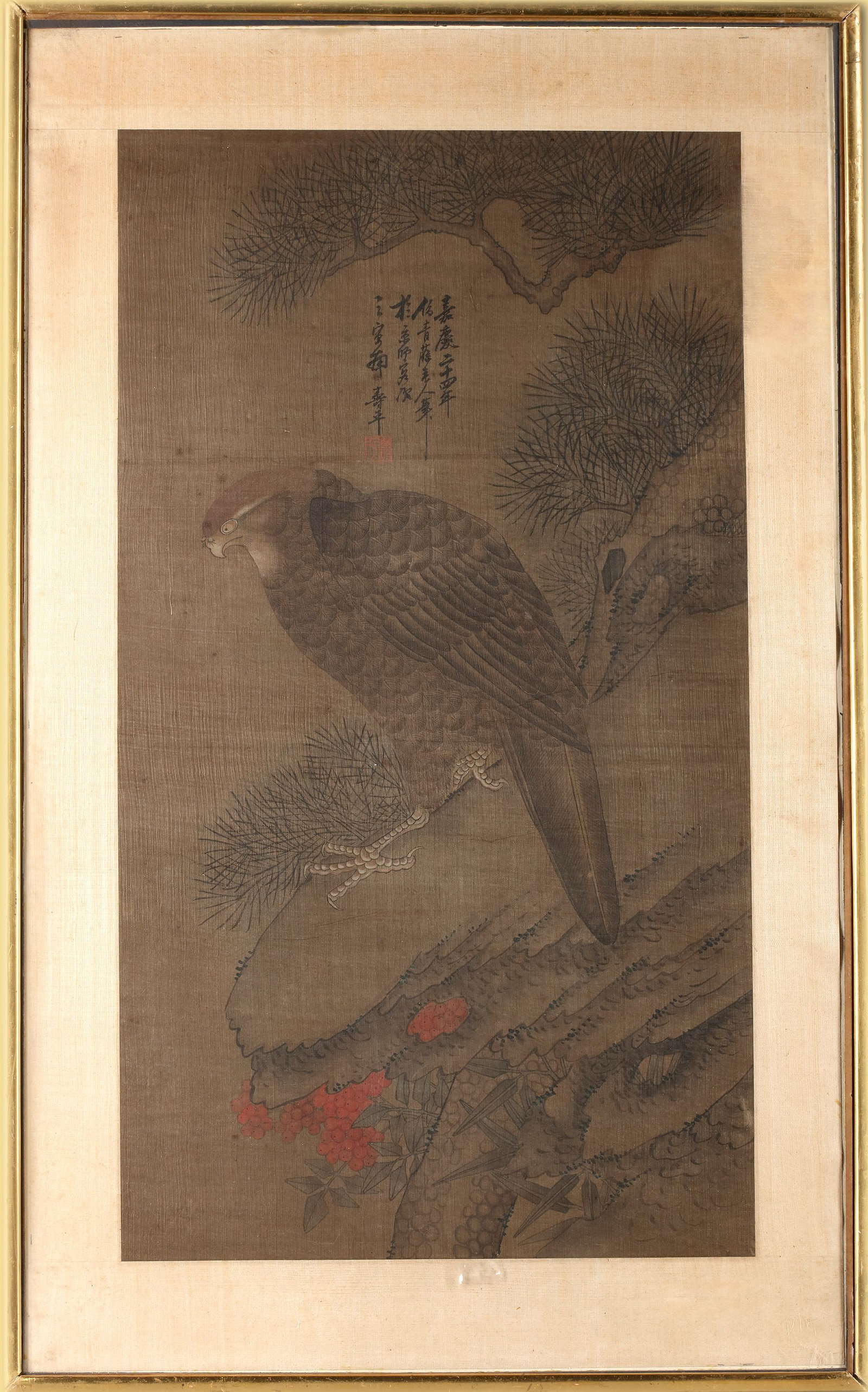HAWK ON PINE WITH WINTER BERRIES, CHINA, EARLY 20TH CENTURY (1 of 1)