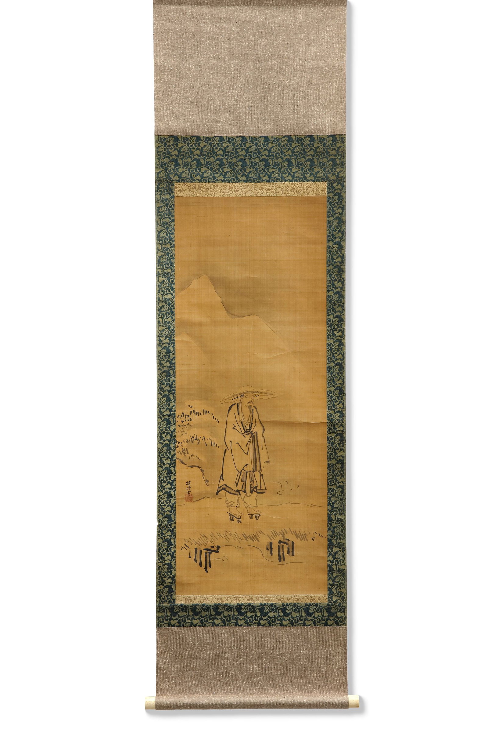 A JAPANESE HANGING SCROLL, 19TH CENTURY: A refined Japanese hanging scroll depicting a solitary wandering sage in traditional robes and straw hat. Executed with elegant minimalist brushwork, the composition evokes themes of wisdom, contempla