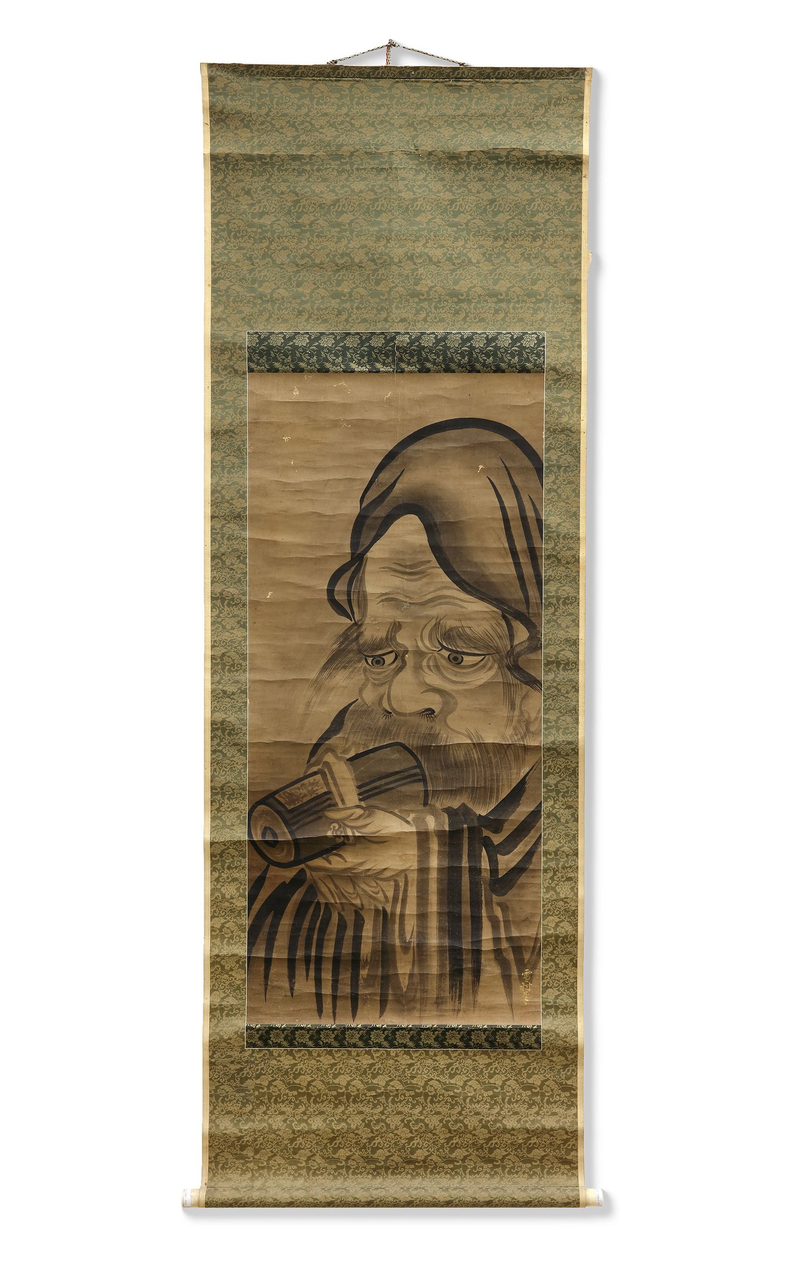A JAPANESE SCROLL PAINTING OF FUKUROKUJU, SESSON SHUKEI SCHOOL: School of Sesson Shukei (1504-1589), signed Sesson Shukei with one seal. Japan, 17th/18th century, early Edo period (1615-1868). Finely painted in ink on paper, with a silk brocade frame and mounted a