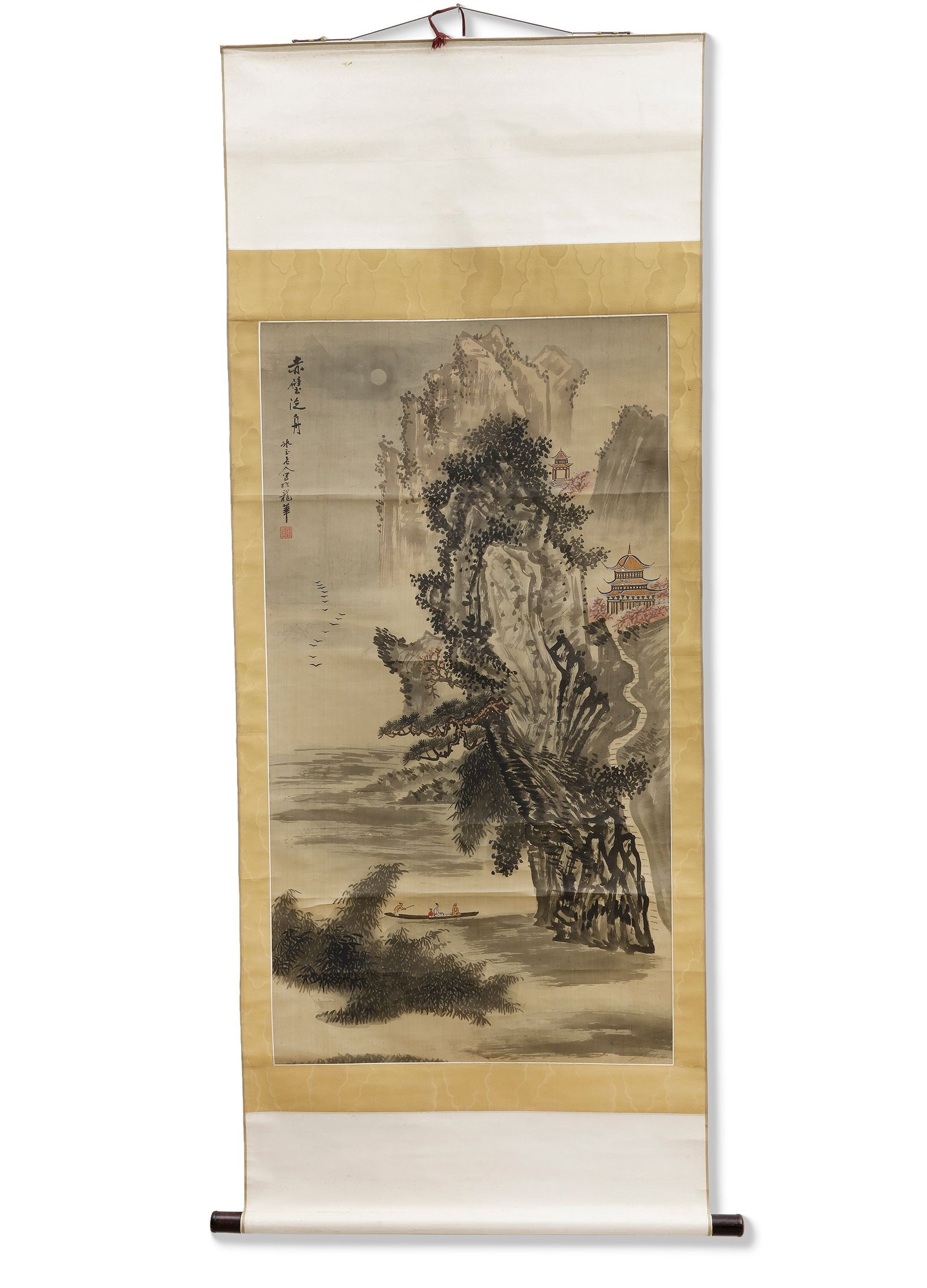 A MOUNTAIN TEMPLE LANDSCAPE, 19TH CENTURY: An elegant Chinese hanging scroll painting featuring a dramatic mountain landscape with winding paths, tranquil waters, and traditional pagodas nestled among rocky cliffs. Executed in classic ink-and-