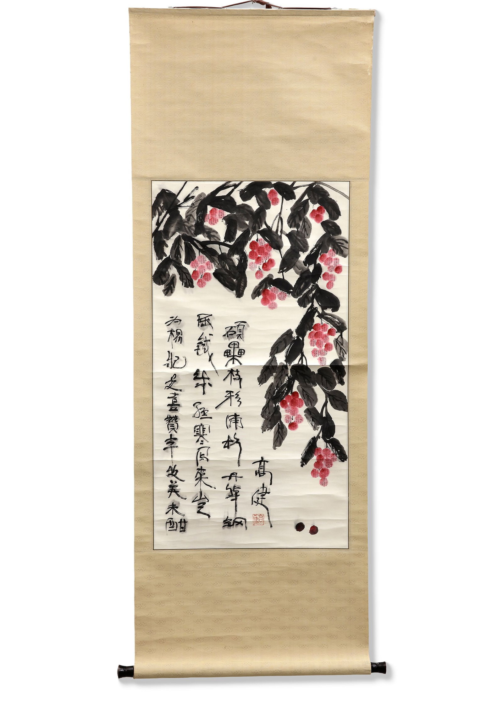A CHINESE HANGING SCROLL PAINTING CLUSTER OF CRIMSON BERRIES, 20TH CENTURY: Ink and color on paper. An elegant Chinese hanging scroll featuring cascading branches laden with vibrant red berries, rendered in expressive brushwork and accompanied by flowing calligraphy. 97 by 52