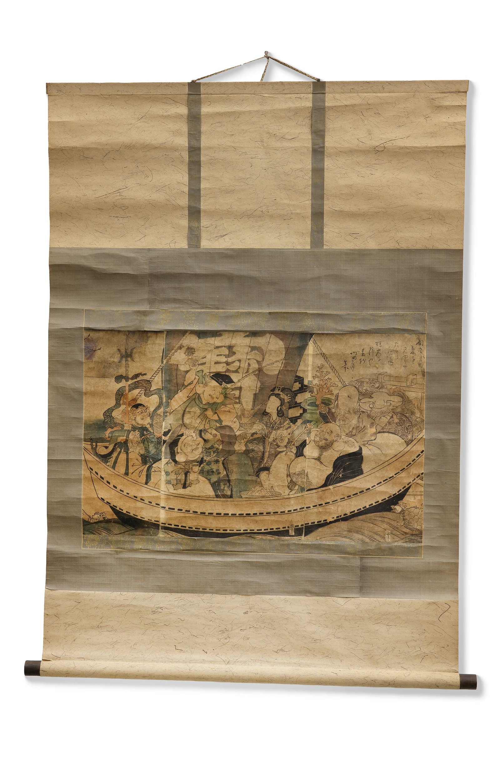 A JAPANESE HANGING SCROLL,TREASURE SHIP OF THE SEVEN LUCKY GODS,19TH CENTURY: A traditional Japanese hanging scroll depicting the Takarabune (Treasure Ship) carrying the Seven Lucky Gods (Shichifukujin), symbols of prosperity, happiness, and good fortune. Rendered in classic in