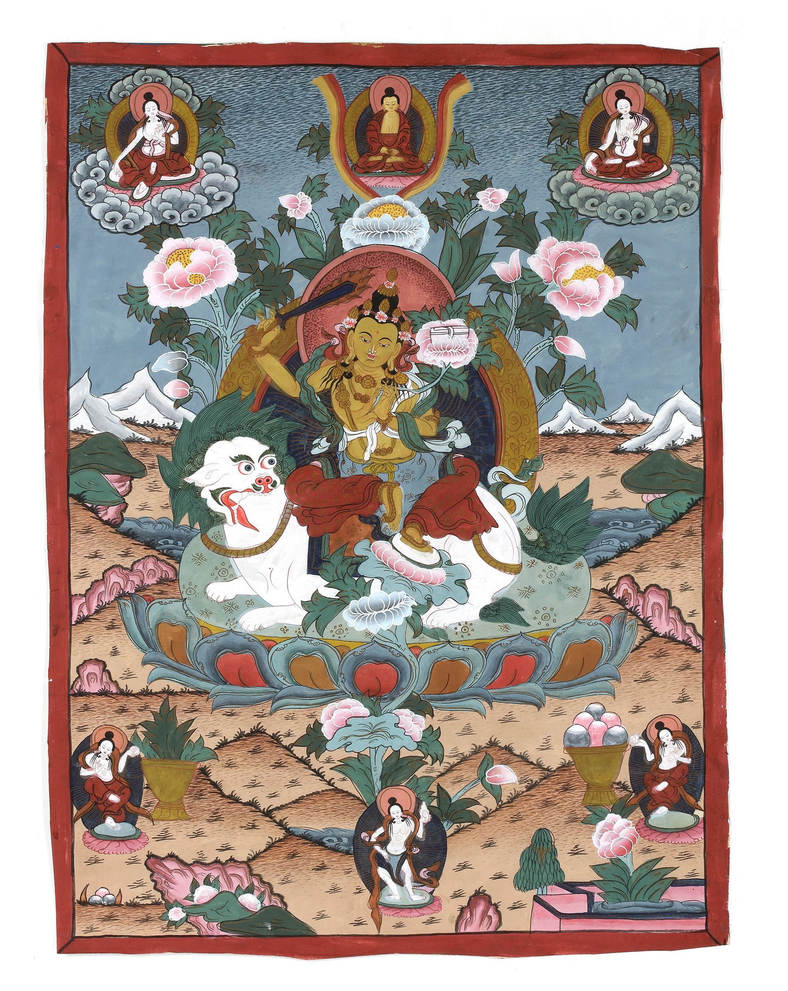 A THANGKA DEPICTING MANJUSHRI, TIBET, 20TH CENTURY: A finely executed Tibetan thangka depicting Manjushri, the Bodhisattva of Wisdom, seated majestically upon a snow lion throne. Holding the flaming sword of transcendent knowledge and the lotus support