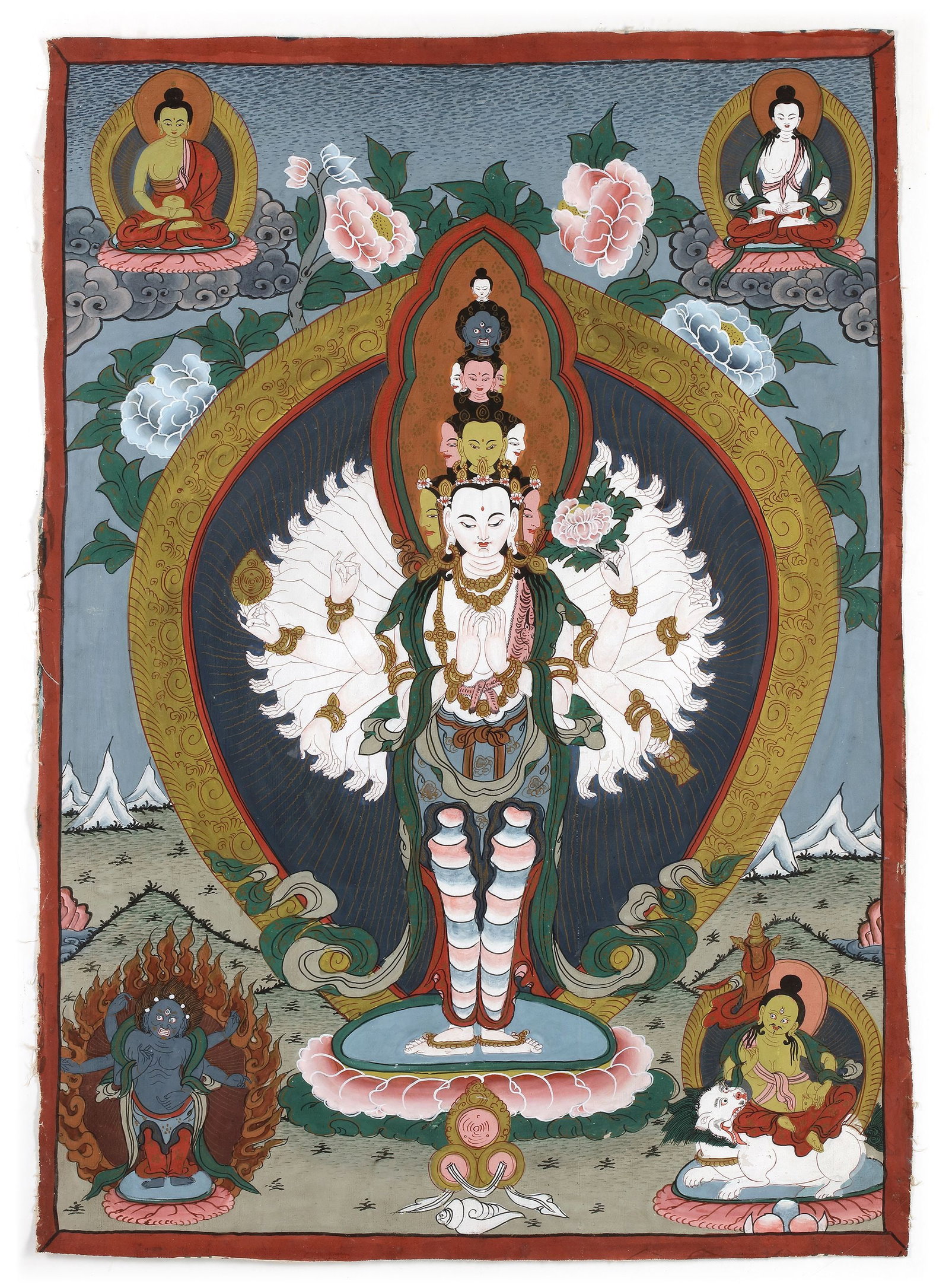 A THANGKA DEPICTING AVALOKITESHVARA (SAHASRABHUJA), TIBET, LATE 19TH CENTURY: A finely painted Tibetan thangka depicting Sahasrabhuja Avalokiteshvara, the Bodhisattva of Infinite Compassion, shown with multiple heads and numerous arms symbolizing boundless wisdom and compassion