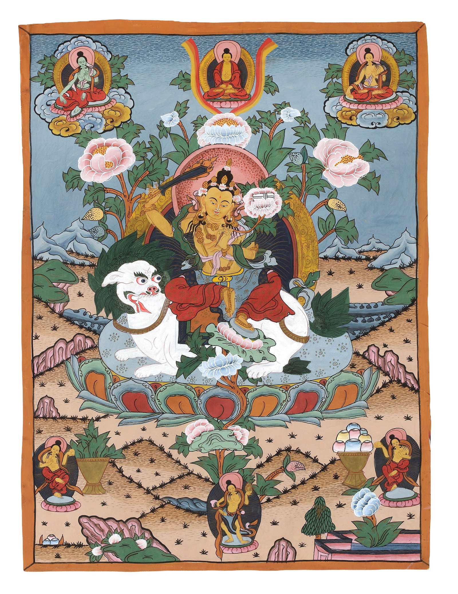 A THANGKA DEPICTING MANJUSHRI ON A SNOW LION, TIBET, LATE 19TH CENTURY: A finely painted Tibetan thangka depicting Manjushri, the Bodhisattva of Wisdom, seated upon a snow lion throne. The deity raises the flaming sword of transcendent wisdom while a lotus supports the sa