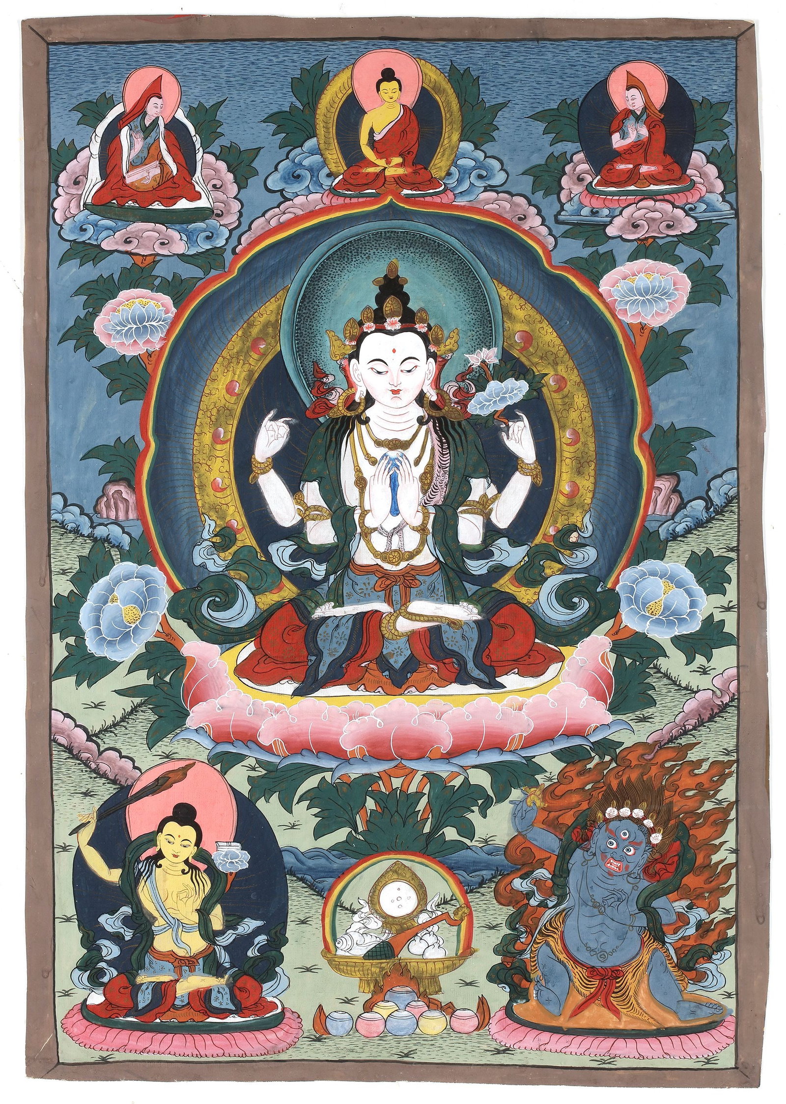 A THANGKA DEPICTING FOUR-ARMED AVALOKITESHVARA, TIBET, LATE 19TH CENTURY: A finely painted Tibetan thangka depicting Four-Armed Avalokiteshvara (Chenrezig), the Bodhisattva of Compassion, seated upon a lotus throne. The deity is shown with hands joined in prayer, holding sy
