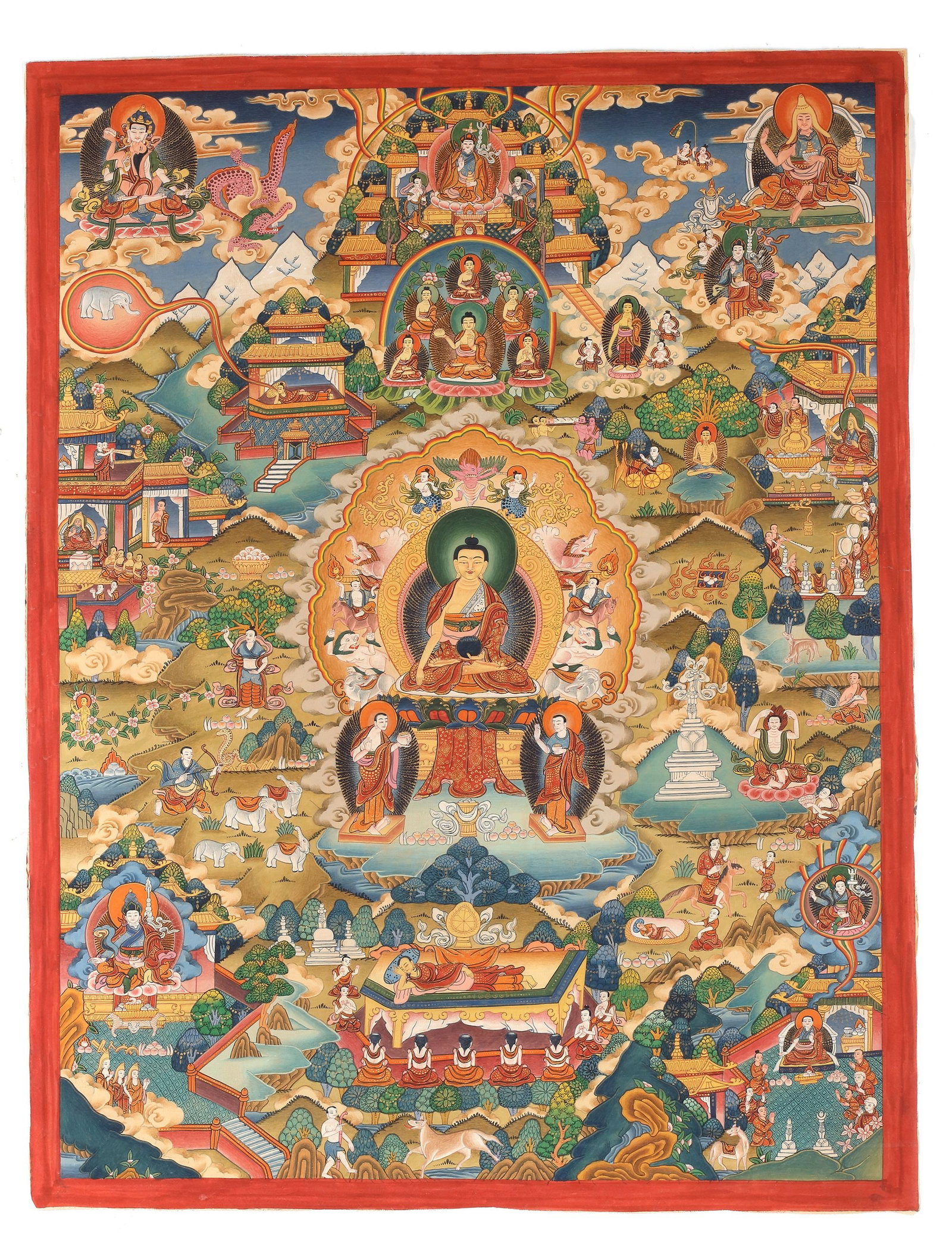 A THANGKA OF THE LIFE OF THE BUDDHA, TIBET, 20TH CENTURY: A finely painted Tibetan thangka illustrating key episodes from the life and teachings of the Buddha. The central figure of Shakyamuni Buddha is enthroned within a radiant halo, surrounded by disciple