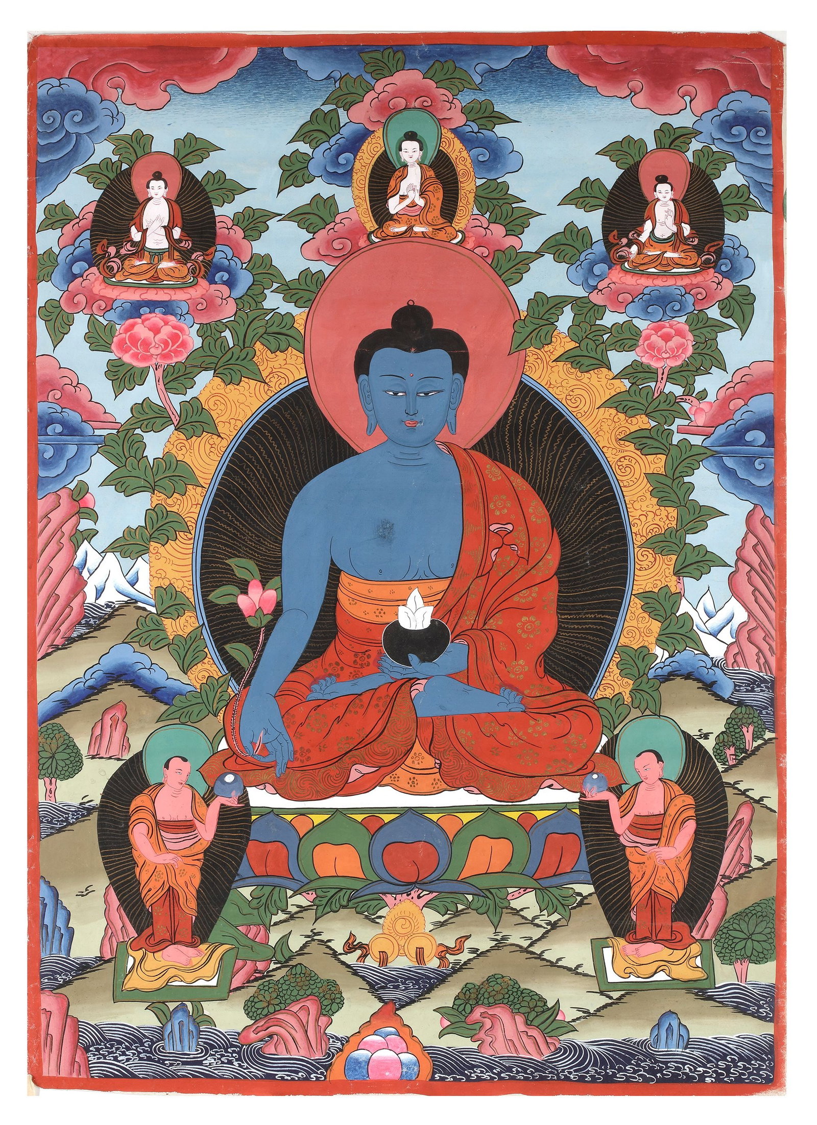 A THANGKA OF MEDICINE BUDDHA, TIBET, 20TH CENTURY: A finely painted Tibetan thangka depicting the Medicine Buddha (Bhaisajyaguru) seated in meditation upon a lotus throne. Shown with a healing bowl and surrounded by attendant monks and celestial figur