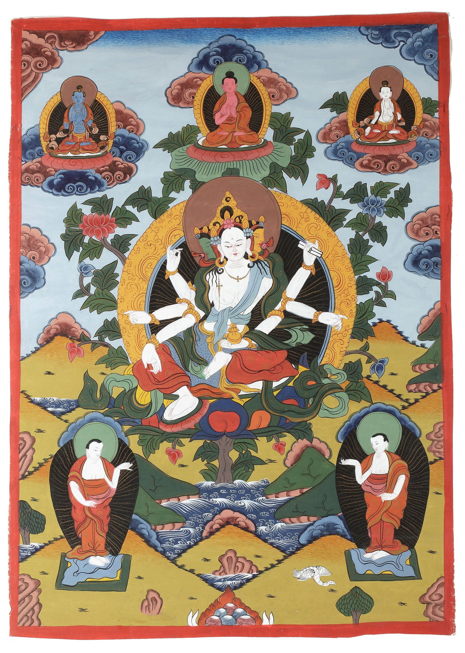 A WHITE TARA THANGKA, TIBET, 20TH CENTURY: A finely executed Tibetan thangka depicting White Tara, the Buddhist goddess of compassion, healing, and longevity. Seated gracefully upon a lotus throne, the multi-armed deity is surrounded by attend