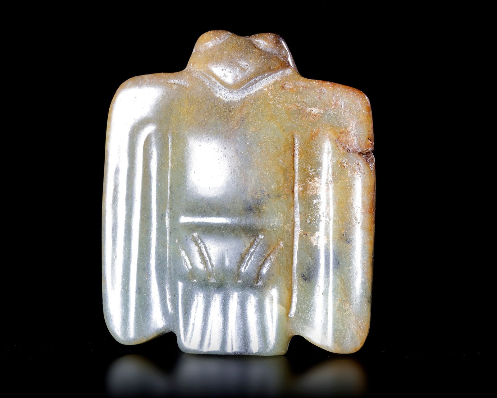 A YELLOWISH-GREEN JADE OWL, CHINA, HONGSHAN CULTURE: 5.8 cm. PROVENANCE Purchased in 1996 from Mr. Frank H. Crane, a Canadian antique dealer. His shop, "The Hundred Antiques" was located in Stirling, Ontario, Canada. Reference: Jessica Rawson, "Chinese 