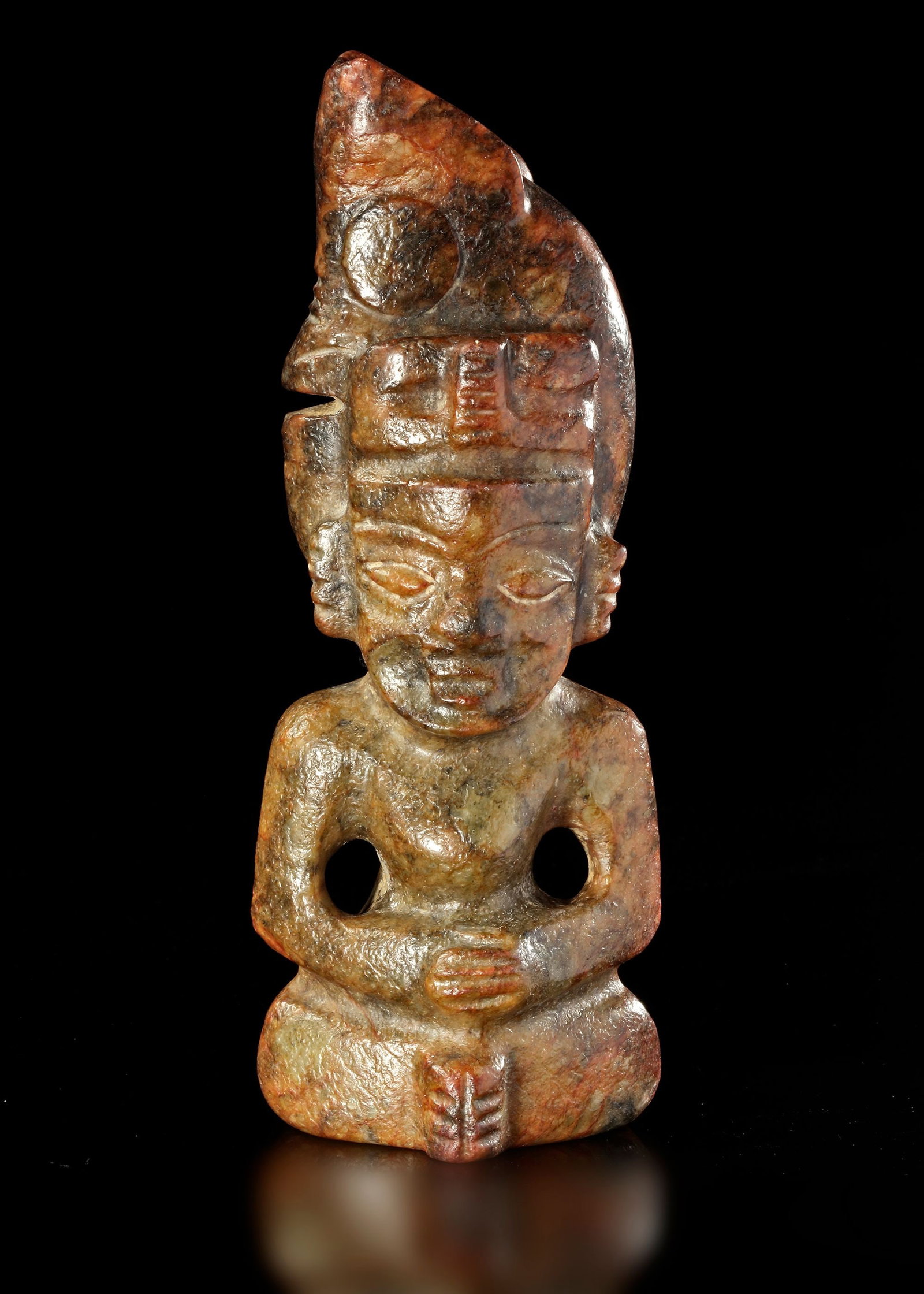 A RUSSET JADE SITTING FIGURE WEARING A PIG DRAGON ON IT'S HEAD, CHIN, HONGSHAN CULTURE (1 of 5)